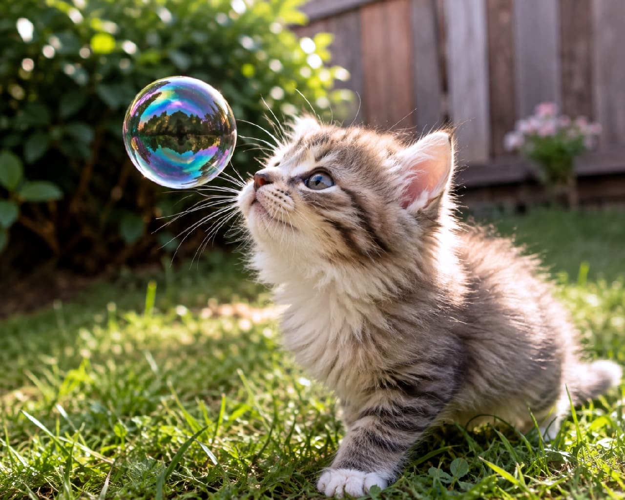 「虹色のシャボン玉、どんな匂いがするのかな?🫧🐈 興味津々なお鼻と、お日様に透けるフワフワな毛並みにキュン💕 #子猫のいる生活 #シャボン玉」Ultra-realistic high-quality photograph of a fluffy mackerel tabby kitten (Maine Coon mix) sniffing a shimmering iridescent soap bubble on a sunny green lawn. The kitten's clear blue eyes and whiskers are illuminated by warm sunlight against a softly blurred background of garden foliage and a wooden fence. ふわふわの長毛が美しいキジトラ(メインクーン風)の子猫が、青々とした夏の芝生の上で、宙に浮く虹色のシャボン玉に興味津々で鼻先を近づけている瞬間。透き通る青い瞳とピンと張ったおひげが陽光に照らされ、背景の緑と木のフェンスが暖かみを添える情景