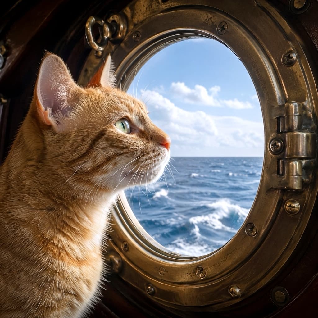 「遠くまで広がる青い海!お魚の匂いがするかな?🐟☀️ 茶トラちゃんのワクワクした横顔に元気をもらえます⛵️🧡 #茶トラ #海風 #船旅 #海と猫」Ultra-realistic high-quality photograph of a curious ginger tabby cat sniffing the fresh ocean air through an antique brass porthole. The bright sunlight beautifully illuminates the cat's orange stripes and green eyes against the vast, breezy blue sea. アンティークな真鍮の舷窓から、果てしなく広がる青い海と空に向かって鼻を突き出し、海の匂いを嗅ぐ茶トラ猫。太陽の光が美しいオレンジ色の縞模様と透明感のある緑色の瞳を明るく照らし、開放感と好奇心に満ちた爽やかな情景を描き出した超高画質画像