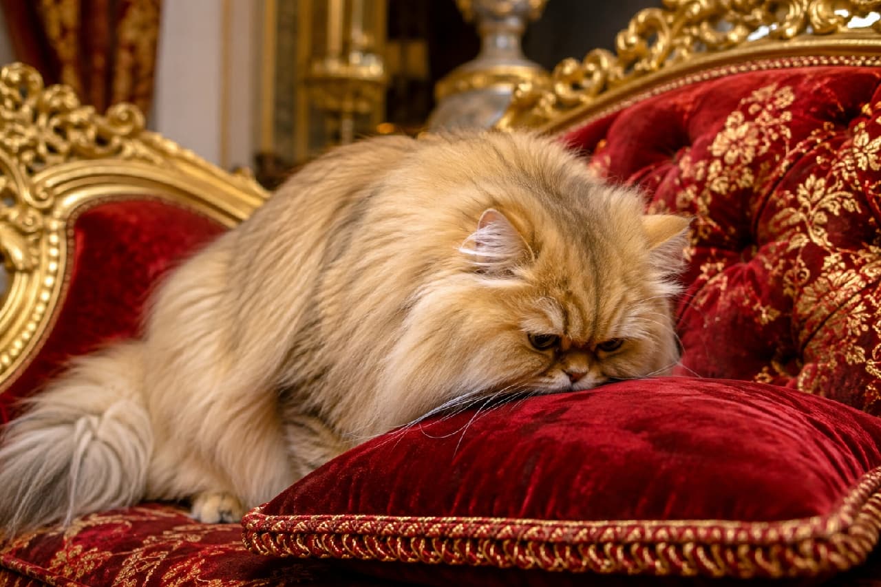 「ふかふかのクッション、どんな匂いがするのかな?🛋️✨ ゴージャスな空間とモフモフなペルシャちゃんの組み合わせが最高にエレガント🌹 #ペルシャ猫 #優雅な休日 #猫のいる生活」Ultra-realistic high-quality photograph of a fluffy golden Persian cat deeply sniffing a crimson red velvet cushion on a luxurious antique sofa with gold accents. The warm indoor lighting beautifully highlights the cat's long, silky fur and elegant expression. ゴージャスな金色の装飾が施された深紅のベルベットソファの上で、ふかふかのクッションに鼻をうずめて匂いを嗅ぐ、豊かな被毛を持つゴールデンカラーのペルシャ猫。アンティーク調の室内光が、長毛の滑らかな質感と気品ある少し不機嫌そうな表情を際立たせる超高画質なリアル画像