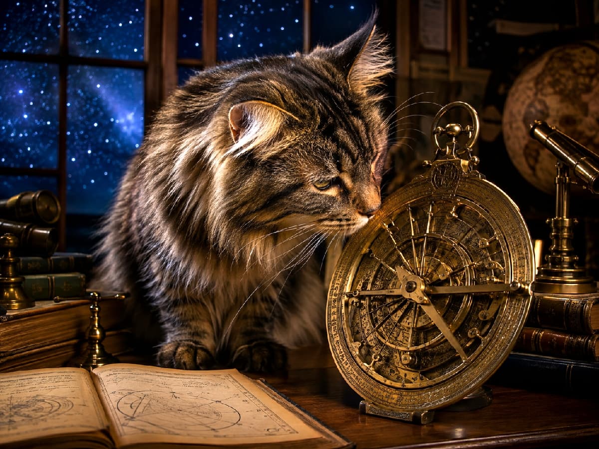 「遠いお星さまの匂い、見つけられるかな?🌟 真夜中の書斎で天文学者になったみたいな長毛ちゃんが素敵📚✨ #メインクーン #星空と猫 #猫のいる生活」Ultra-realistic high-quality photograph of a majestic Maine Coon cat sniffing an intricate golden antique astrolabe on a wooden desk. Set in a classic study with an open book and a window revealing a starry night sky, highlighting the cat's serious profile and thick fur. 満天の星空が見える窓辺の書斎で、開かれた古い書物の上に置かれた黄金のアンティーク天球儀(アストロラーベ)の匂いを嗅ぐメインクーン。立派な耳の飾り毛と真剣な横顔が、ノスタルジックで知的な空間に見事に調和している