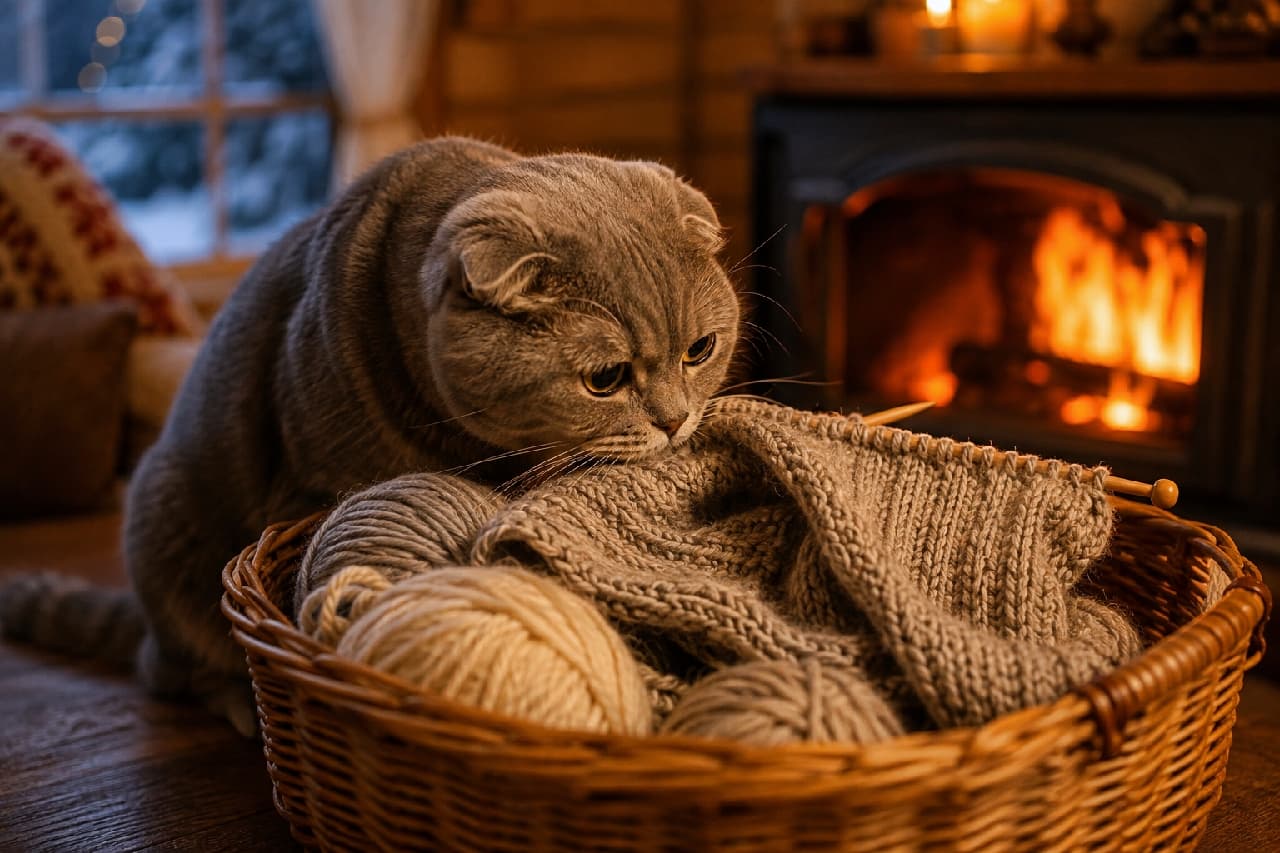 「ぬくぬくの毛糸、あったか〜い匂いがするニャ🧶🔥 暖炉の前でくつろぐスコちゃんと、一緒に冬ごもりしたくなりますね⛄️❄️ #スコティッシュフォールド #冬の暮らし #猫のいる生活」Ultra-realistic high-quality photograph of a blue Scottish Fold cat sniffing a basket of chunky knitting yarn and a half-finished sweater. The cozy scene is perfectly framed by a warm, crackling fireplace in the background and a snowy window, highlighting the cat's folded ears and adorable round face. 薪が燃える暖炉の火が背景で暖かく揺らめく中、木製のバスケットに入った太い毛糸玉と編みかけのニットに鼻を近づける、ブルー(グレー)のスコティッシュフォールド。特徴的な折れ耳と丸い顔、真剣に匂いを嗅ぐ瞳が、雪の降る窓辺の冷たさと室内の温もりの対比の中でホッとするような安心感を与えている