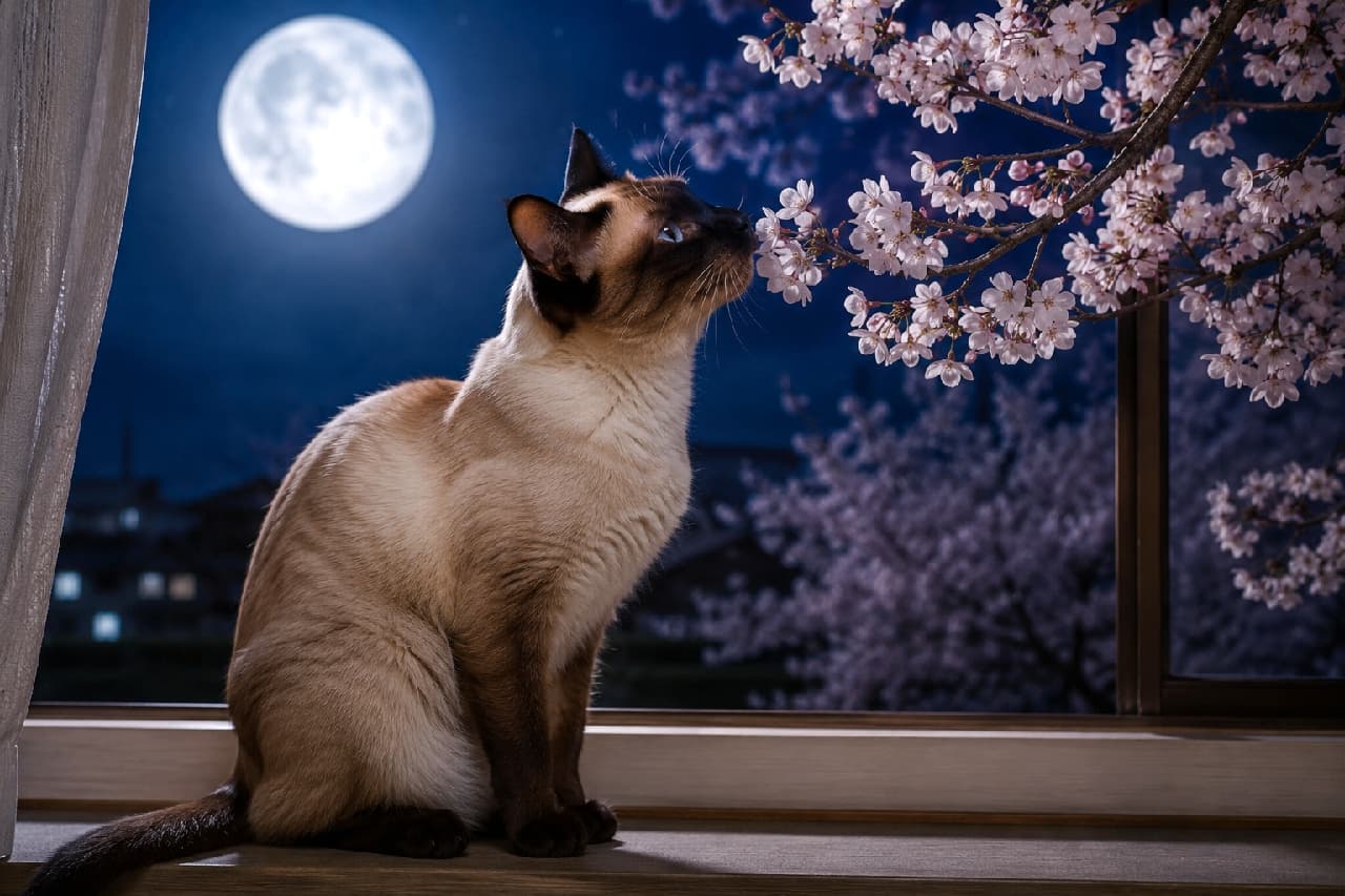 「お月様と夜桜、春の夜の特別な匂い🌸🌕 窓辺のシャム猫ちゃんの美しい横顔は、まるで一枚の絵画のようです🐈⬛🌙 #シャム猫 #夜桜 #猫のいる生活」Ultra-realistic high-quality photograph of an elegant Siamese cat sitting by a window, gracefully sniffing a branch of blooming cherry blossoms. Set against a dramatic night sky with a massive full moon, the magical moonlight beautifully outlines the cat's distinct seal point coloration and sleek profile. 巨大な満月が青い夜空に浮かぶ中、窓辺にきちんとお座りをして、窓の外から差し込む満開の桜の枝先に上品に鼻を近づけるシャム猫。特徴的なシールポイント(顔や耳が濃い茶色)の美しい被毛と、横顔のシルエットが、月明かりと夜桜の幻想的な風景の中に詩的に浮かび上がっている