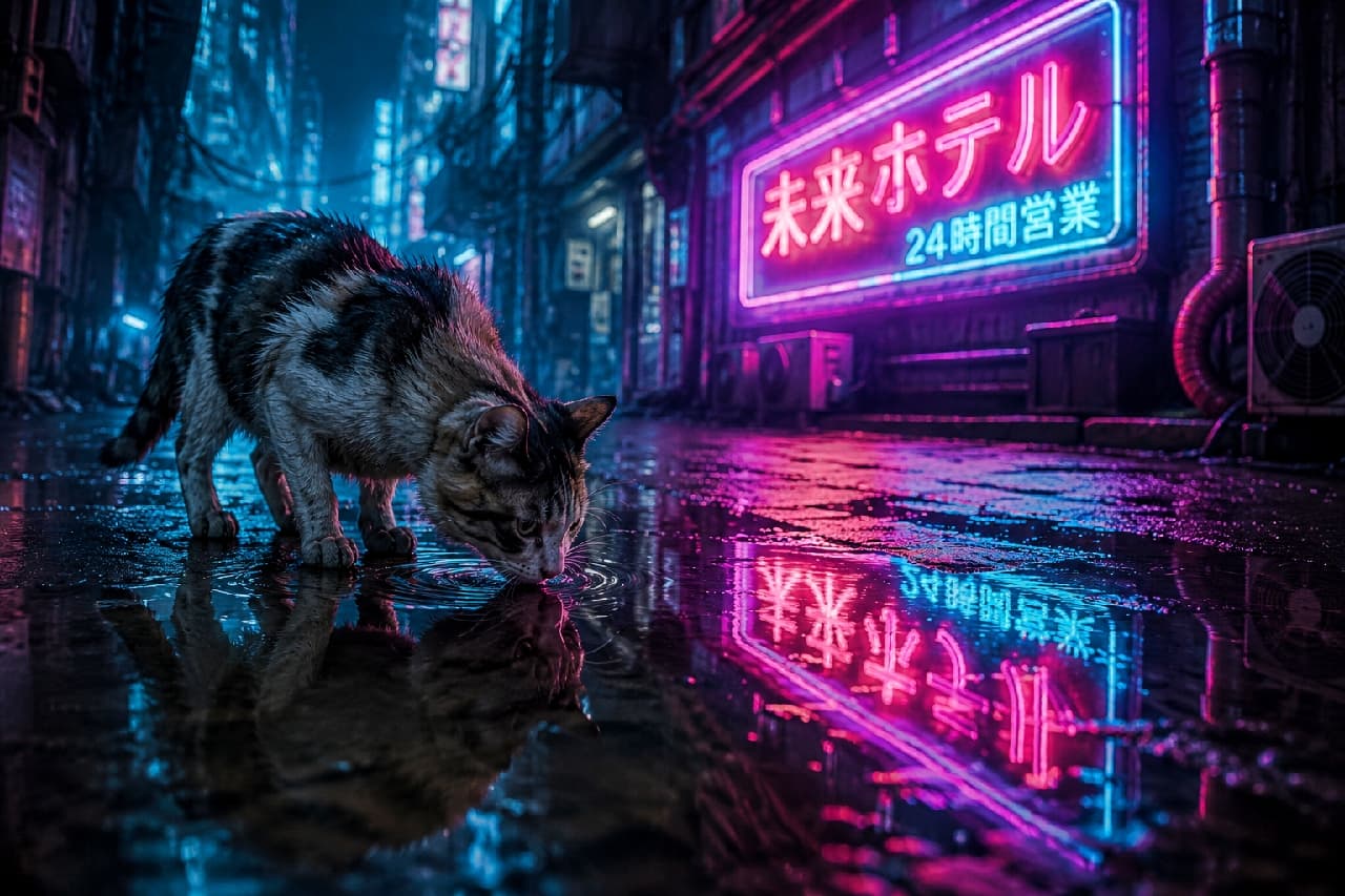 「雨上がりのネオン街、水たまりはどんな匂い?☔️🐈 煌めく光とワイルドな猫ちゃんの姿に惹き込まれちゃう🌃✨ #サイバーパンク #路地裏の猫」Ultra-realistic high-quality photograph of a stray calico-tabby cat with wet fur sniffing a neon-lit puddle in a dark, rainy alleyway. The cinematic pink and blue neon reflections create a striking cyberpunk atmosphere. 濡れた被毛を持つ三毛キジトラ風の野良猫が、サイバーパンクなネオン街の路地裏で水たまりに鼻を近づけて匂いを嗅ぐ様子。ピンクとブルーのネオンサインが水面に反射し、夜の雨の冷たさと猫の野性味がシネマティックな光の中で美しく描写されている超高画質なリアル画像