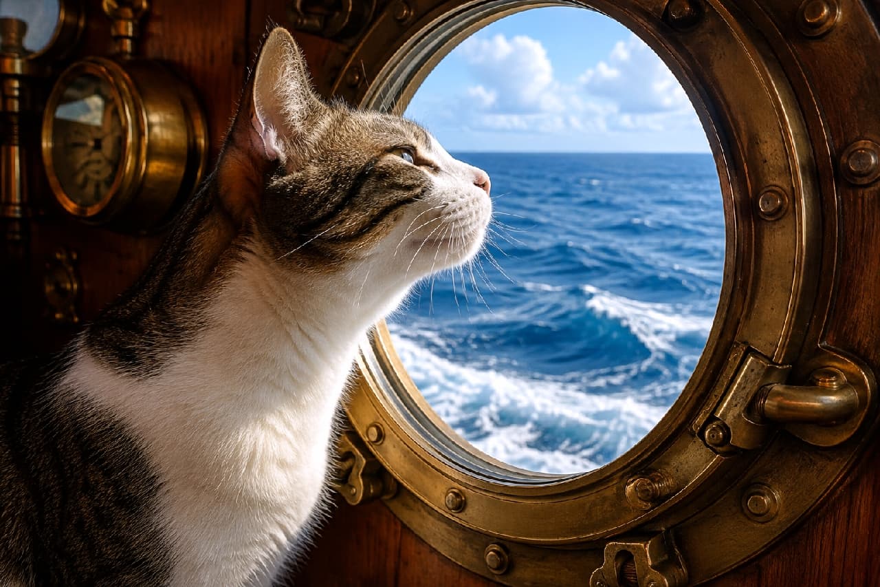 「潮風ってしょっぱい匂いがするニャ🌊🐾 まん丸の船窓から海を眺めるキジ白ちゃんと一緒に航海に出たいな🚢💙 #船旅 #海と猫」Ultra-realistic high-quality photograph of a tabby and white cat sniffing the ocean breeze through a brass ship porthole. The cat's left ear is hidden due to occlusion by the window frame, which effectively emphasizes the realistic depth of looking out towards the deep blue sea. 重厚な真鍮製の丸窓から、青い海と波立ちを見つめながら潮風を嗅ぐキジ白の猫。胸元の白い被毛と真剣な横顔が自然光に照らされている。構図の都合上、左耳がフレームアウトによるオクルージョン(隠蔽)で欠損しているように見えるが、それが逆に船内から覗き込む奥行き感を強調しているリアルな写真