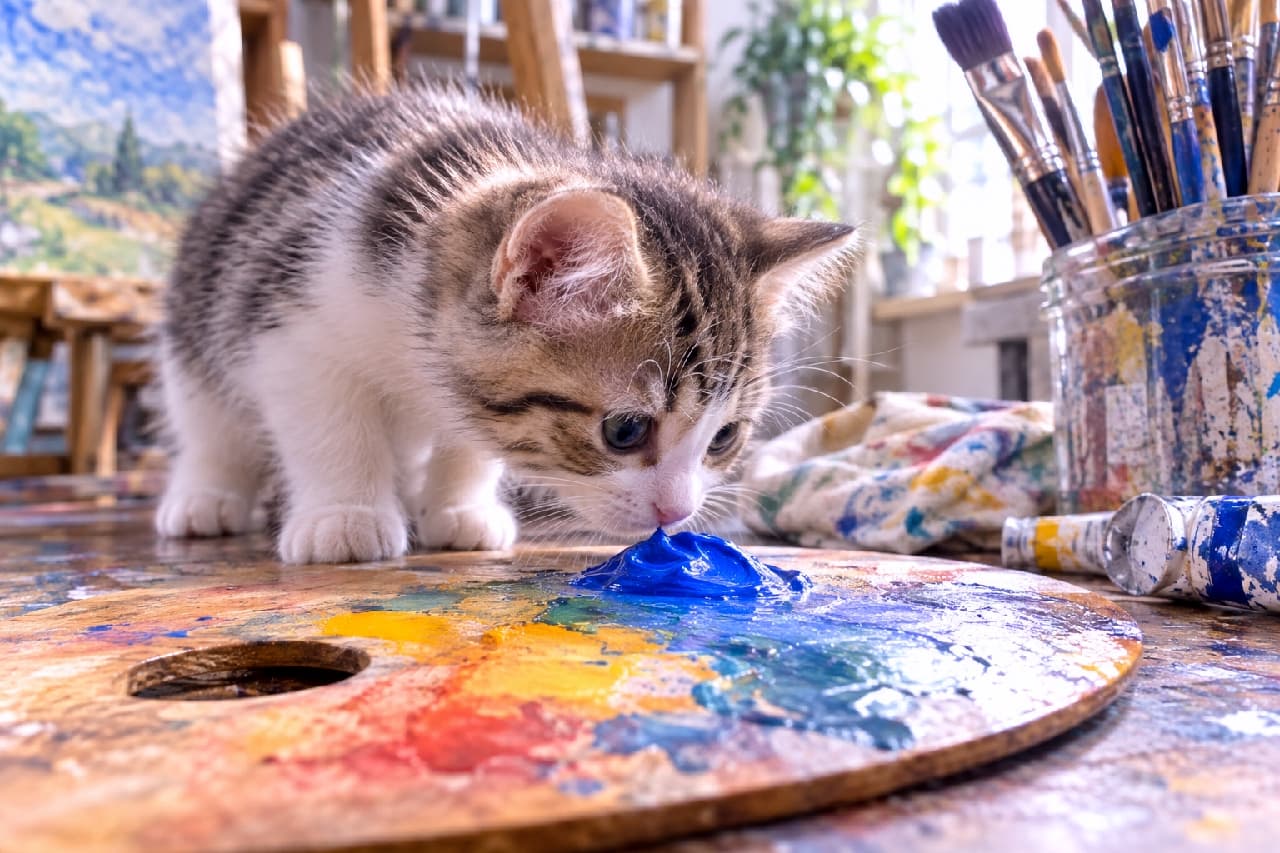 「芸術の秋?それともイタズラの準備?🎨🐾 真っ青な絵の具に興味津々な丸いおめめに心奪われちゃう🖌️✨ #キジ白 #アートな休日 #子猫のいる生活」Ultra-realistic high-quality photograph of a curious tabby and white kitten sniffing bright blue paint on a wooden artist's palette. Set in a sunlit art studio with brushes and canvases in the background, the scene captures the kitten's innocent curiosity beautifully. 自然光が差し込む明るいアトリエで、使い込まれた木製パレットの上に絞り出された鮮やかな青い絵の具に鼻を近づけるキジ白の子猫。背景に並ぶ絵筆やイーゼルが芸術的な雰囲気を醸し出し、子猫の好奇心に満ちた丸い瞳が印象的