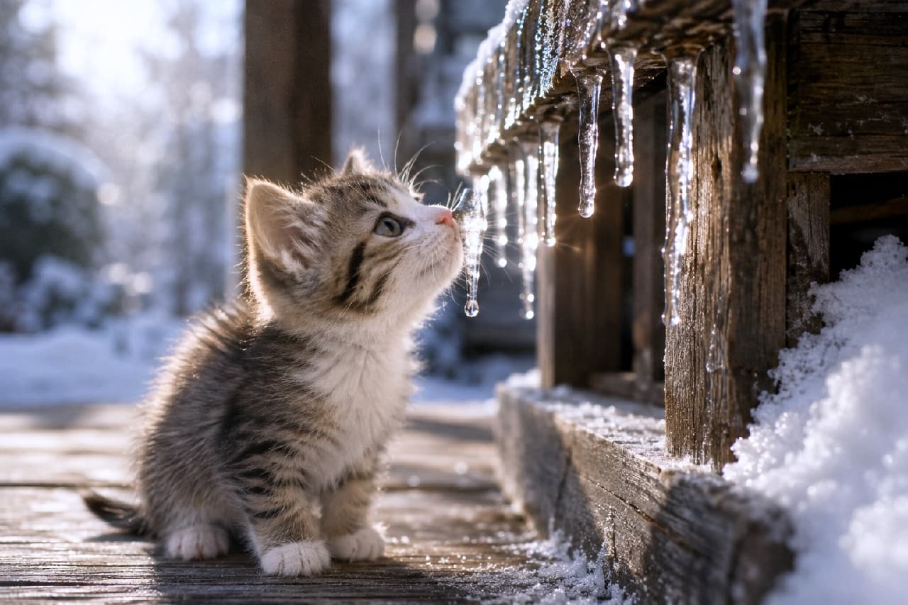 「初めて見る氷のしずくに興味津々❄️🐾 冷たいかな?クンクンする真剣な横顔が愛おしすぎる冬の朝⛄️✨ #キジシロ #冬の妖精 #子猫のいる生活」Ultra-realistic high-quality photograph of a mackerel tabby and white kitten stretching to sniff a melting icicle on a snow-covered wooden deck. The kitten's earnest profile, grayish-blue eyes, and the sparkling morning winter sunlight reflecting on the ice drops create a magical and detailed winter scene. 白いソックスを履いたようなキジシロの子猫が、雪の積もった冬のウッドデッキで、軒先から下がる透明なつららに背伸びをして鼻先を近づけている神秘的な光景。子猫の真剣な横顔と灰青色の瞳、そして氷の雫に反射する冬の朝の冷たくも美しい光のニュアンスが緻密に描写されている