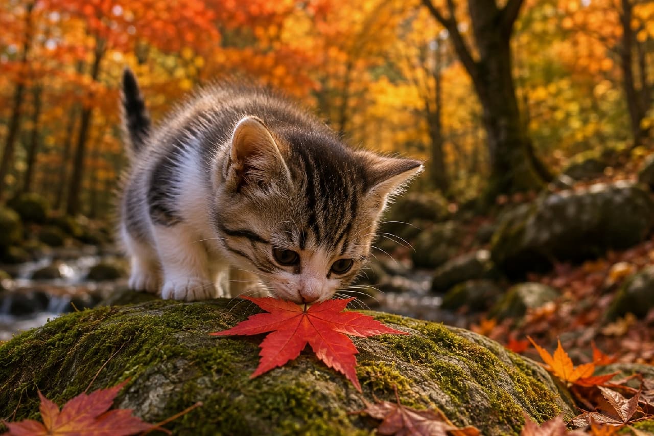 「秋のお散歩中、真っ赤な葉っぱを発見🍂🐾 どんな匂いがするのかな?一生懸命な横顔がたまらない🍁✨ #秋の風景 #キジシロ #子猫のいる生活」Ultra-realistic high-quality photograph of a tabby and white kitten standing on a mossy rock, sniffing a vivid red maple leaf in a vibrant autumn forest. The warm golden lighting and the kitten's earnest dark eyes perfectly capture the essence of fall. 黄金色に輝く秋の森を背景に、ふかふかの苔が生えた岩の上に立つキジシロ(キジトラと白)の子猫。真っ赤なもみじの葉に小さな鼻先を近づけ、澄んだ暗褐色の瞳で真剣に匂いを嗅ぐ、秋の情緒と生命力に溢れる温かな光景