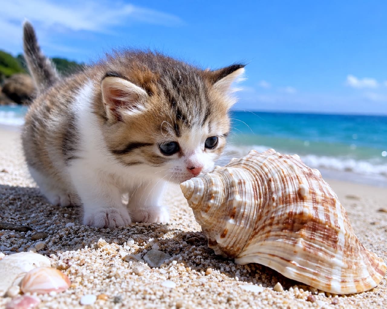 「貝殻から波の音が聞こえるかな?🌊🐾 夏の海を満喫するキジ白ちゃんの後ろをついて歩きたい🏖️💙 #キジ白 #海と猫 #猫と自然 #子猫のいる生活」Ultra-realistic high-quality photograph of a tabby and white kitten sniffing a large seashell on a sunny sandy beach with the clear blue ocean in the background. The bright summer lighting enhances the kitten's adorable dark eyes and the detailed textures of the sand and shell. 抜けるような青空とエメラルドグリーンの海を背景に、夏の砂浜で大きな巻貝の匂いを嗅ぐキジ白の子猫。白いソックスを履いたような前足と、真剣な眼差しで見つめる黒目がちな瞳が愛らしく、砂粒や貝殻の質感が鮮明に描写された爽やかな風景