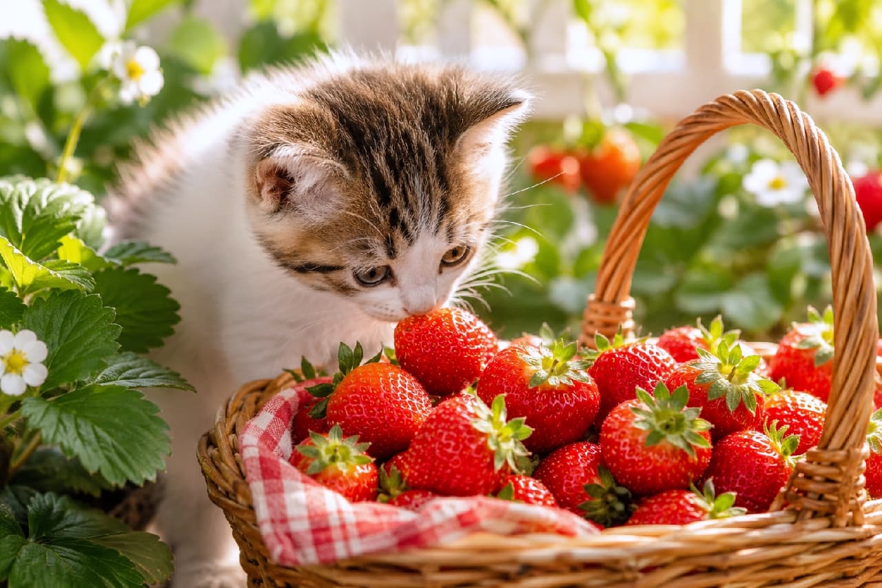 「あま〜い香りに誘われてお鼻がツン🍓🐾 真っ赤ないちごと可愛いキジ白ちゃんの組み合わせは最強の癒しだね🌞❤️ #いちご狩り #キジ白 #子猫のいる生活」Ultra-realistic high-quality photograph of a tabby and white kitten sniffing a basket full of fresh, bright red strawberries in a sunlit garden. The vibrant contrast between the red fruit, green leaves, and the kitten's soft fur creates a fresh and cheerful summer scene. 太陽の光が降り注ぐ明るいイチゴ畑で、編みカゴいっぱいに積まれた真っ赤で瑞々しいイチゴに鼻を近づけるキジ白の子猫。緑の葉や白い花との鮮やかなコントラストの中、子猫の柔らかな毛並みと琥珀色の瞳が輝く、初夏の爽やかな一枚