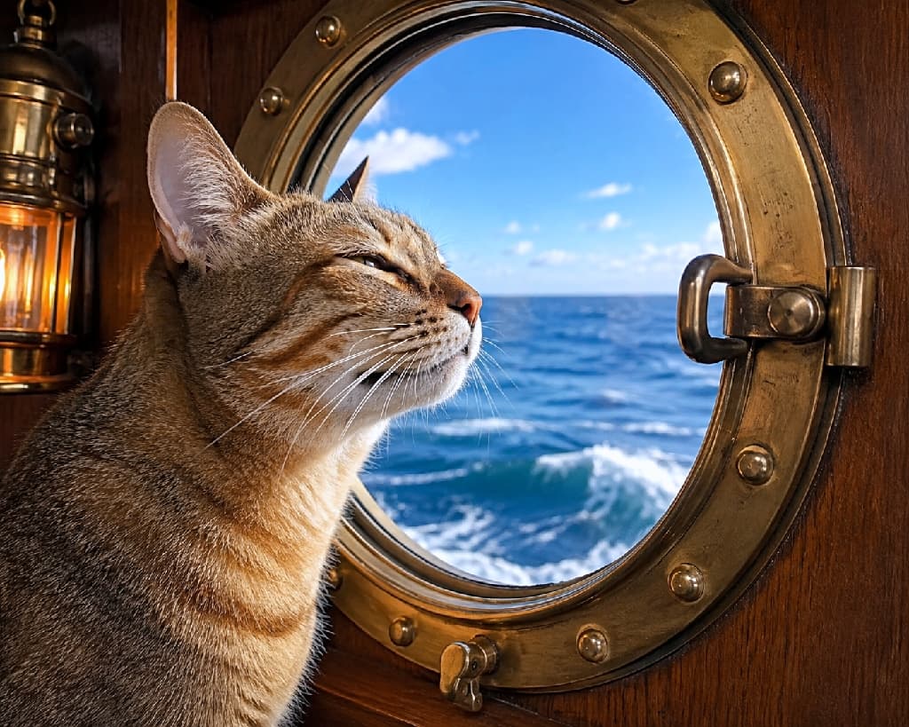 「心地よい潮風に思わずうっとり…😌🌊 ランタンの優しい灯りとキジトラちゃんの表情がエモすぎる船旅のワンシーン🚢✨ #キジトラ #エモい写真 #海風 #船旅 #海と猫」Ultra-realistic high-quality photograph of a tabby cat squinting pleasantly while sniffing the sea breeze through a brass porthole. The warm orange light from a nearby lantern gently outlines the cat's profile, contrasting beautifully with the dynamic blue ocean waves. 木製の壁と真鍮の丸窓のそばで、心地よい潮風に目を細めて匂いを嗅ぐキジトラ猫。左側にあるランタンの暖かなオレンジ色の灯りが猫の顔の輪郭や繊細なヒゲを優しく縁取り、背景の青い海と波のダイナミズムとの間にノスタルジックな対比を生んでいるリアルな情景