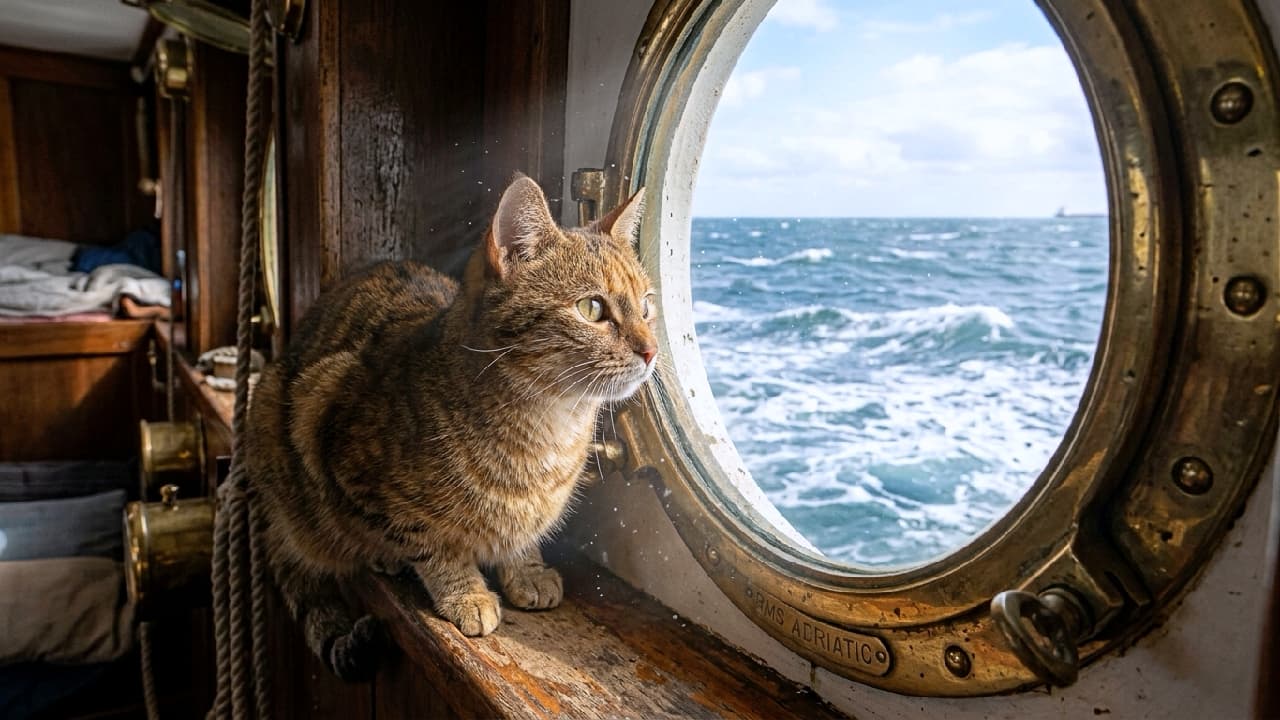 「お外の波、すごく高くてびっくりだニャ🌊🙀 光の差し込む船室で海を眺める姿が、まるで映画の主人公みたい🎬✨ #キジトラ #海風 #船旅 #海と猫」Ultra-realistic high-quality photograph of a mackerel tabby cat sitting on the wooden ledge of an antique brass porthole, gazing out at the choppy ocean. Dramatic sunlight streams through the window into the dim cabin, beautifully illuminating the cat's light green eyes, striking fur patterns, and sparkling dust motes in the air, creating a cinematic maritime scene. クラシックな木造船の薄暗い船室で、真鍮製の重厚な丸窓の桟にちょこんとお座りをして外の荒海を見つめる短毛のキジトラ猫。窓から差し込むドラマチックな陽光が、淡いグリーンの瞳と美しいトラ柄の被毛、そして空気中を舞う細かな塵を神秘的に照らし出し、大海原へのロマンと冒険心を感じさせるシネマティックな情景