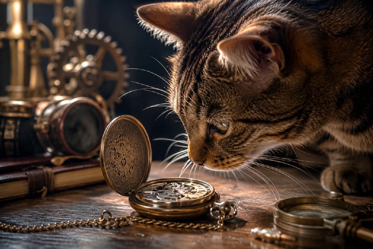 「チクタク動く不思議な機械、時間の匂いがするのかな?⚙️🐾 スチームパンクな世界観とキジトラちゃんの真剣なお顔がたまらなくかっこいい🕰️🤎 #キジトラ #スチームパンク #猫のいる生活」Ultra-realistic high-quality photograph of a curious tabby cat closely sniffing the intricate dial of an antique pocket watch on a dark wooden desk. Set against a steampunk-inspired background with brass gears and old books, the dramatic lighting beautifully highlights the cat's striking stripes and focused expression. 薄暗い空間で、ダークウッドの机の上に置かれた精巧なアンティーク懐中時計の文字盤に鼻先を近づけ、真剣に匂いを嗅ぐ短毛種のキジトラ猫。背景には真鍮色の歯車や古い革張りの本が並び、スポットライトのような光が猫の美しい縞模様と好奇心に満ちた瞳をドラマチックに浮かび上がらせている