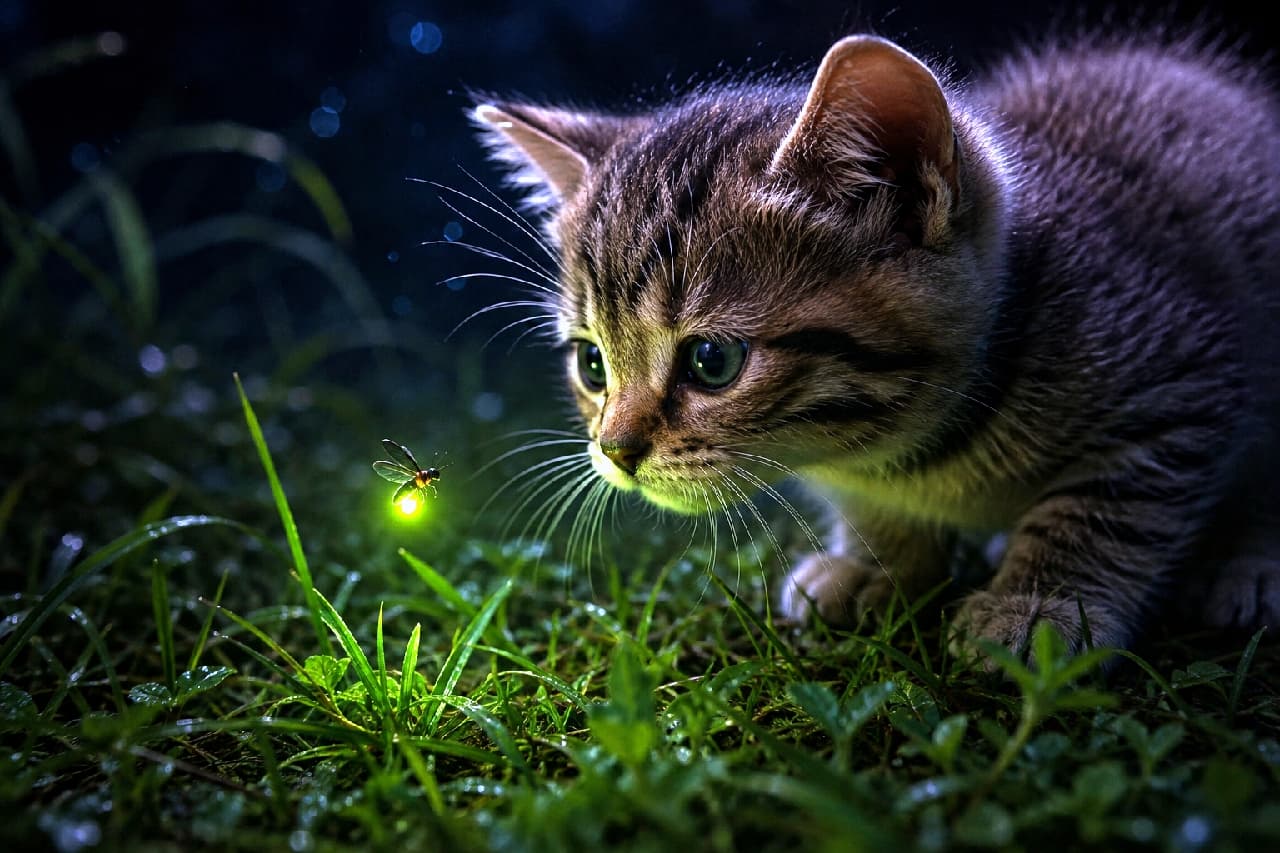 「暗闇でピカピカ光る不思議なお友達を発見👀🌟 ホタルの優しい光に照らされたお顔が愛おしすぎます🐾💚 #キジトラ #夏の夜 #猫と自然 #子猫のいる生活」Ultra-realistic high-quality photograph of a curious tabby kitten looking closely at a glowing firefly in the dark grass. The magical yellow-green light from the firefly beautifully illuminates the kitten's wide eyes, whiskers, and soft fur, creating a dramatic and enchanting night scene. 暗闇の草むらで、淡く光る一匹のホタルに顔を近づけてじっと見つめるキジトラの子猫。ホタルの放つ黄緑色の幻想的な光が子猫の好奇心に満ちた丸い瞳や繊細なヒゲ、柔らかな毛並みを暗闇の中に浮かび上がらせる、ドラマチックで美しい夜の光景