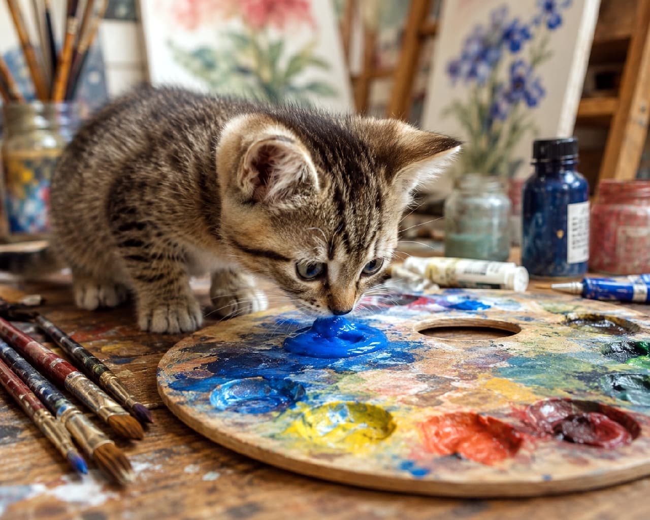 「これ、どんな味がするニャ?🎨🐾 アトリエの小さな巨匠が、今日も新しい色を大発見中🖼️🧡 #キジトラ #小さな芸術家 #子猫のいる生活」Ultra-realistic high-quality photograph of a tabby kitten closely sniffing bright blue paint on a colorful wooden palette in an artist's studio. The intricate patterns of its fur and the rich, antique lighting create a classic, painterly atmosphere surrounded by art supplies. 画材が並ぶアンティークなアトリエの机で、カラフルなパレットの中央にある青い絵の具に小さな鼻をくっつけるキジトラの子猫。細やかなトラ柄の被毛と大きな瞳が、周囲の絵筆や小瓶とともに油絵のような重厚感のある光で描き出されている