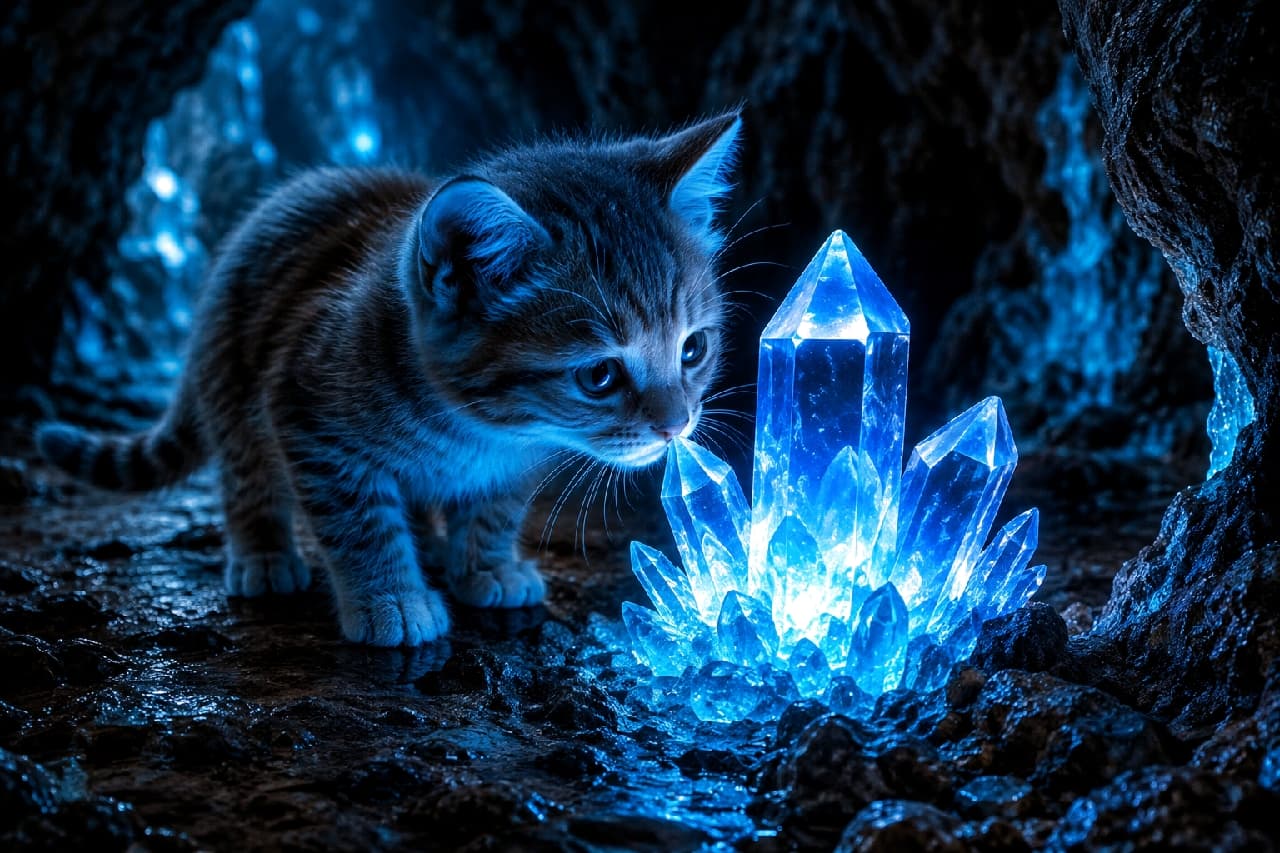「洞窟の奥で見つけた、キラキラ光る青い石💎🐾 冷たいのかな?不思議な世界を冒険する小さな探検隊にエールを!🔦💙 #キジトラ #ファンタジーの世界 #子猫」Ultra-realistic high-quality photograph of a curious mackerel tabby kitten sniffing a cluster of glowing blue crystals in a dark, rocky cave. The magical sapphire blue light illuminates the kitten's round eyes and the wet cave floor, creating a breathtaking fantasy scene. ゴツゴツとした岩肌が続く暗い洞窟の中で、自らまばゆい青い光を放つ巨大なクリスタルの結晶に恐る恐る鼻を近づけるキジトラの子猫。結晶から放たれるサファイアブルーの幻想的な光が、子猫の丸い瞳と濡れた地面の質感をドラマチックに照らし出している