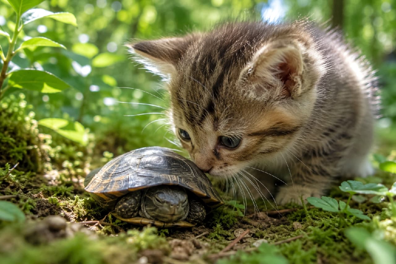 「はじめまして、君はだぁれ?🐢🌿 森の小さな出会いにほっこり。優しくクンクンする姿に癒される〜🐾💚 #キジトラ #森の探検隊 #子猫のいる生活」Ultra-realistic high-quality photograph of a tabby kitten sniffing a small turtle resting on a mossy forest floor bathed in dappled sunlight. The backlit natural light softly outlines the kitten's white whiskers and fuzzy fur, highlighting its innocent curiosity and large dark eyes. 木漏れ日が差し込む緑豊かな森の苔むした地面で、キジトラの子猫が甲羅にこもった小さな亀にそっと鼻先を近づけて匂いを嗅いでいる光景。子猫の長く白いヒゲや柔らかな被毛が逆光気味の光で縁取られ、大きく見開いたビー玉のような暗色の瞳から無垢な好奇心が伝わる
