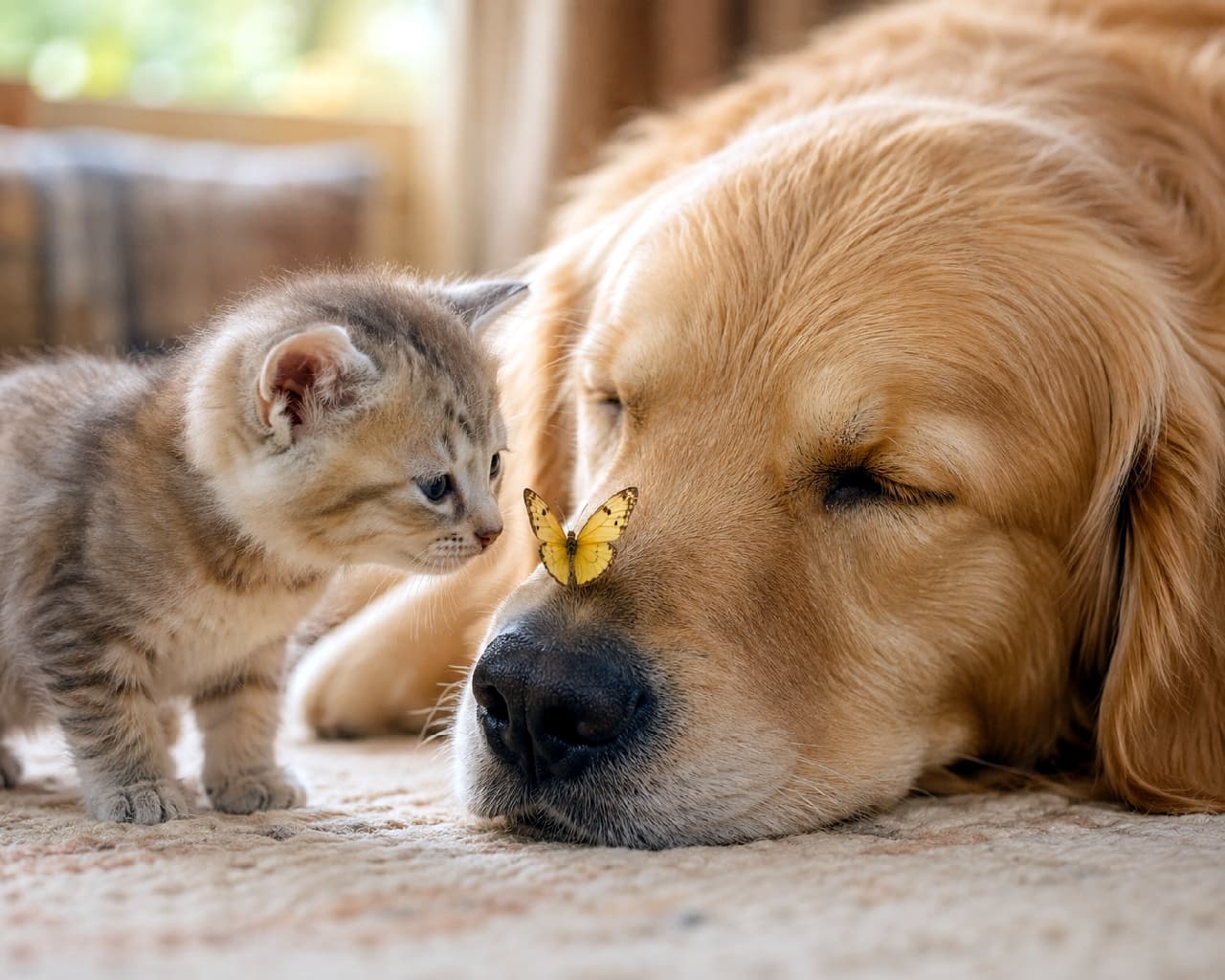 「お兄ちゃんの鼻に、ひらひらのお客さんが来てるニャ🐶🦋 優しい寝顔と小さな好奇心に、心がぽかぽか温まります🌻💛 #子猫と犬 #癒しの時間 #子猫のいる生活」Ultra-realistic high-quality photograph of a tiny silver tabby kitten gently sniffing a yellow butterfly resting on the nose of a peacefully sleeping Golden Retriever. The warm, soft sunlight creates a heartwarming and gentle atmosphere on the cozy indoor carpet. 気持ちよさそうに眠るゴールデンレトリバーの大きな鼻先にとまった、一匹の可憐な黄色い蝶々。その蝶にそっと近づき、不思議そうに匂いを嗅ぐ小さなシルバータビーの子猫。暖かな日差しに包まれた室内のカーペットの上で繰り広げられる、種を超えた優しく平和な世界観