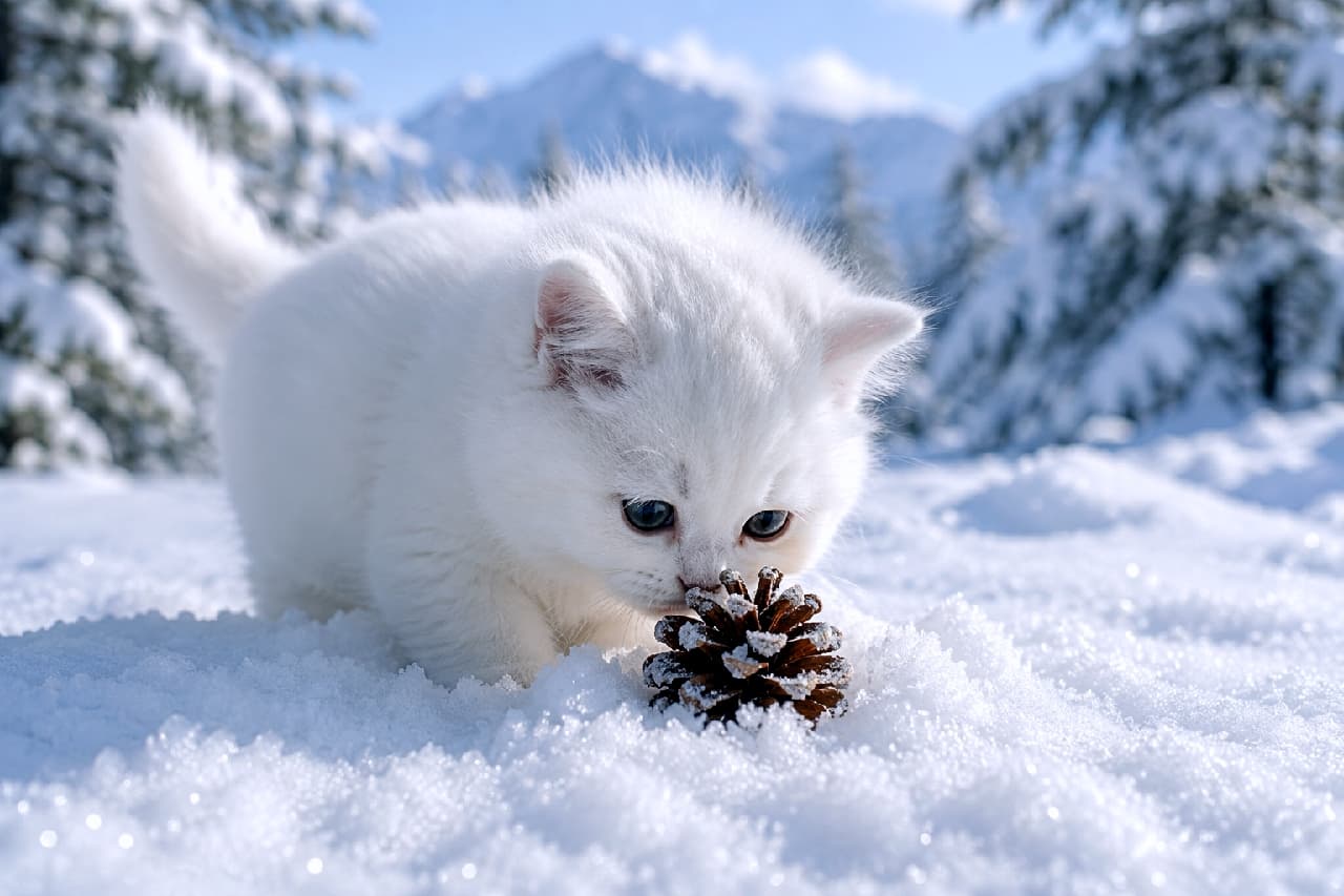 「真っ白な雪の上で見つけた、不思議なデコボコ❄️🌲 冷たいお鼻でクンクンする姿がまるで雪の妖精みたい☃️🤍 #白猫 #冬のお散歩 #子猫のいる生活」Ultra-realistic high-quality photograph of a fluffy white kitten sniffing a brown pinecone in a snow-covered winter forest. The kitten's pure white fur blends beautifully with the sparkling snow, while its grey eyes focus intently against a backdrop of clear blue skies and snowy mountains. 雪が積もった冬の森で、真っ白な雪の上に落ちている茶色い松ぼっくりに鼻先を近づける純白の子猫。澄んだ青空と雪山の背景の中、雪と同化しそうなほどフワフワな被毛と、真剣に匂いを嗅ぐグレーの瞳が幻想的な情景