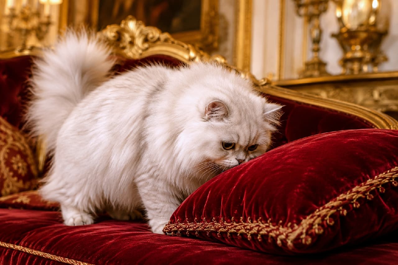 「ふかふかの赤いクッション、どんな匂いがするのかな?🛋️✨ まるで貴族のような純白ペルシャちゃんの優雅な日常にうっとり🤍 #ペルシャ猫 #アンティークインテリア #猫のいる生活」Ultra-realistic high-quality photograph of a pure white Persian cat with a fluffy tail sniffing a red velvet cushion on a luxurious antique sofa with gold accents. The warm indoor lighting highlights the cat's long, silky fur and elegant posture in a sophisticated setting. 金色の豪華な装飾が施された深紅のベルベットソファの上で、赤いクッションに鼻を近づけて匂いを嗅ぐ長毛種の純白のペルシャ猫。豊かな被毛とふさふさの尻尾、そして少し真剣な眼差しが、アンティーク調の温かみのある室内光に照らし出され、高貴でエレガントな雰囲気を醸し出している