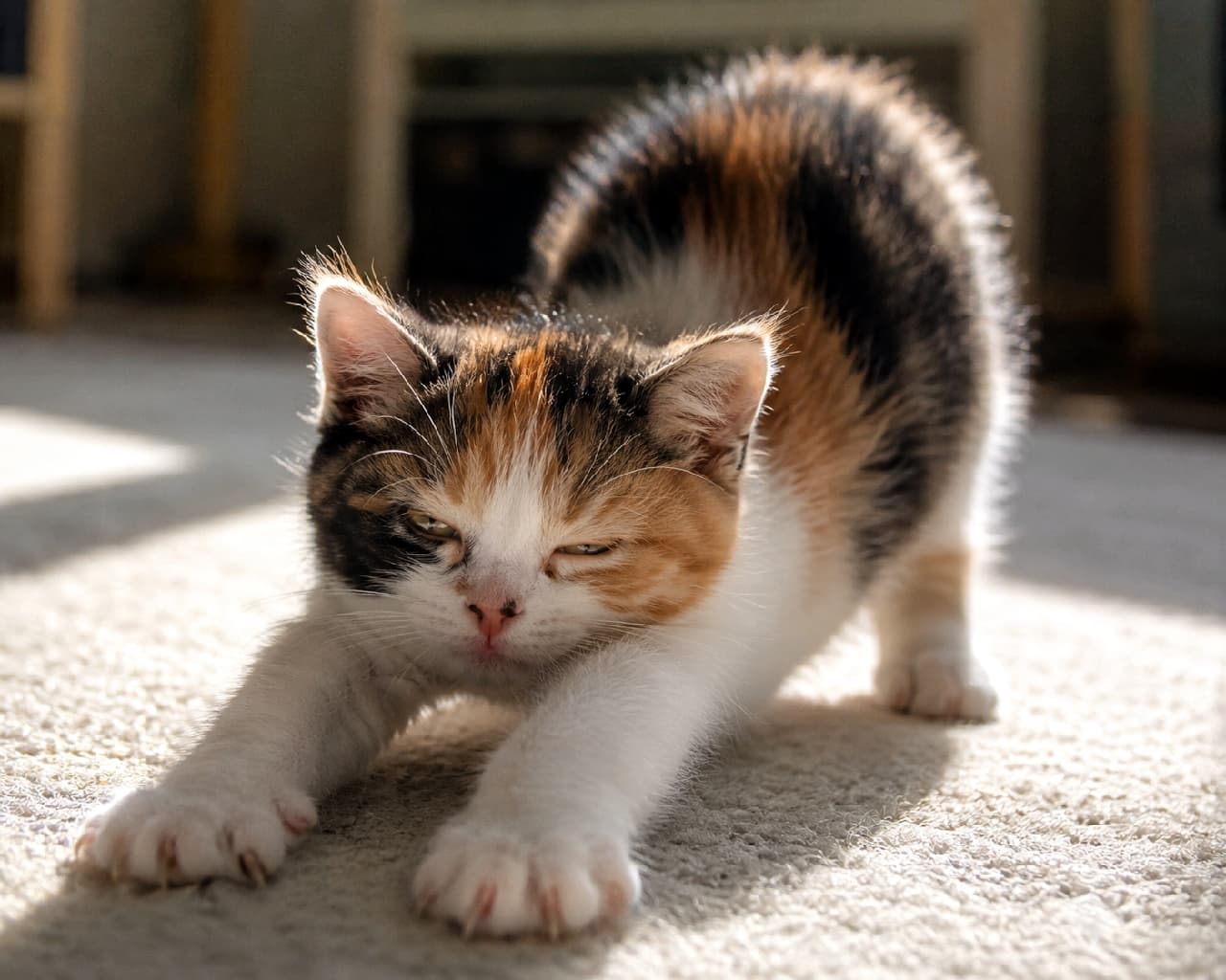 「寝ぼけ眼で「うーん、充電完了…?」☀️🐈前足を大きく広げて、立ち上がりかけの朝のストレッチ!💤💕 #三毛猫 #電池切れ #子猫のいる生活」An ultra-realistic, highly detailed photorealistic image of an 8-week-old Calico kitten slowly recovering from being 'out of battery' on a carpet. It is midway through standing up, stretching its front paws wide, with one eye half-open and an incredibly groggy, sleepy expression. Warm morning sunlight illuminates the scene, giving it a cinematic 8k quality. 暖かい朝の太陽光が差し込むカーペットの上で、生後8週間の三毛猫の子猫が、完全に遊び疲れた状態(いわゆる電池切れ)からゆっくりと立ち上がりかけている。前足を大きく広げてストレッチをしており、片目は半開きで、驚くほど寝ぼけて眠そうな表情をしている。非常に詳細なシネマティックな8k映像のような写真