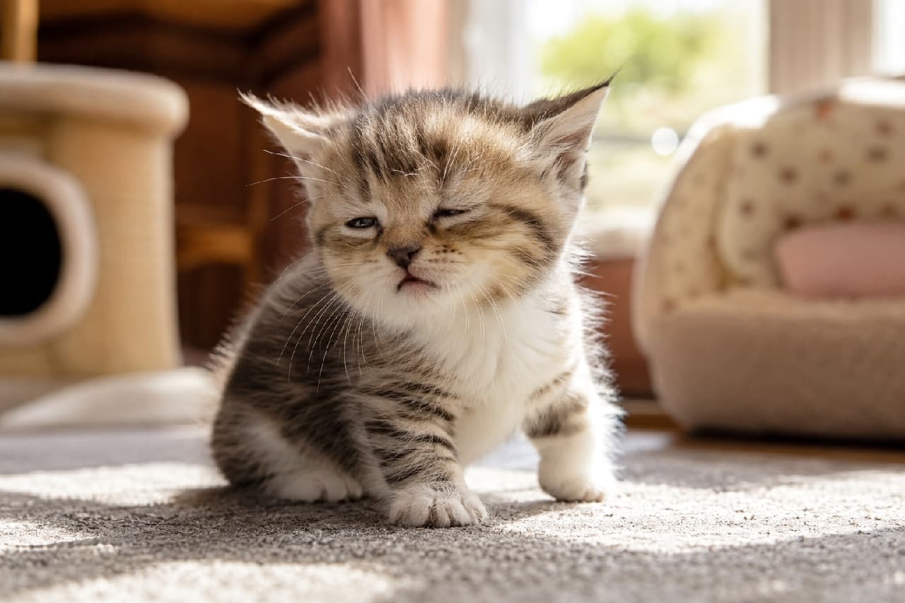「「あともう5分だけ…」って声が聞こえてきそう🥱💤寝ぼけ眼で一生懸命に立つ姿を全力で応援したくなるね🐈 #マンチカン #電池切れ #子猫のいる生活」An ultra-realistic high-quality photograph of a 9-week-old Munchkin kitten with brown tabby and white fur, slowly trying to stand up on a sunny carpet. It looks incredibly groggy, wobbling on its short legs with eyes squeezed half-shut, recovering from a deep recharge in warm afternoon light. ぽかぽかとした窓辺のカーペットで、深い充電から目覚めてゆっくり立ち上がろうとする生後9週間のマンチカンの子猫の写真。ブラウンタビーとホワイトの被毛が美しく、短い足を踏ん張るも、目はシパシパと半開きで今にも再び眠りに落ちそうな表情。背景にはキャットタワーやベッドが優しくボケている