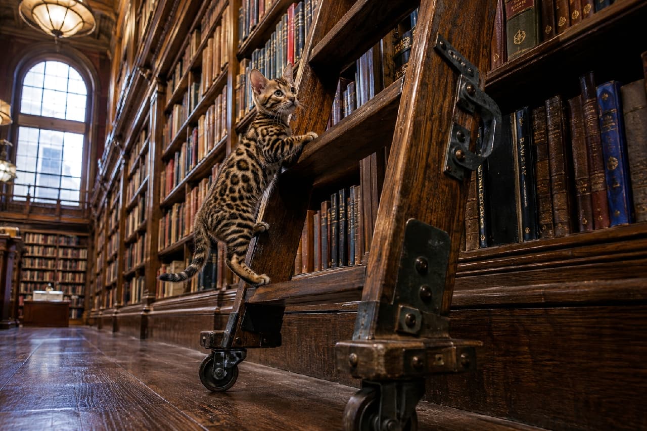 「「あの上の本が読みたいにゃ!」🐾 探求心いっぱいで梯子を登る小さな冒険家を応援したくなりますね📚🔥 #ベンガル子猫 #書店 #にゃんすたぐらむ #猫好きさんと繋がりたい #猫のいる暮らし」Ultra-realistic high-quality photograph of a curious Bengal kitten with beautiful rosette patterns climbing an antique rolling wooden ladder in a grand, classic library bathed in natural light. 天井まで届く重厚な木製本棚が並ぶクラシカルな図書館で、キャスター付きのアンティークな梯子を器用に登るベンガルの子猫。鮮やかなレオパード柄の美しいロゼット模様と、上を見上げる好奇心に満ちた表情が、窓からの自然光に照らし出されて躍動感たっぷりに描かれています