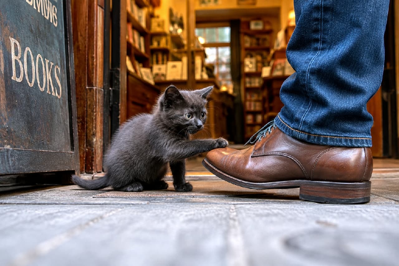 「「いらっしゃいませ!」とご挨拶してるみたい🐾 本屋さんでのこんな可愛い出会い、憧れちゃいますね📖✨ #子猫 #書店 #にゃんすたぐらむ #猫好きさんと繋がりたい #猫のいる暮らし」Ultra-realistic high-quality photograph of a curious black kitten touching a person's brown leather shoe with its paw at the stone entrance of a cozy bookstore, with the warm interior visible in the background. 本屋の入り口の石畳で、訪れたお客さんの茶色い革靴に前足をちょこんと乗せて触れる黒猫の子猫。丸く澄んだ瞳で足元を見つめる好奇心旺盛な姿と、奥に広がる温かな書店の風景が、素敵な出会いの瞬間を物語っています
