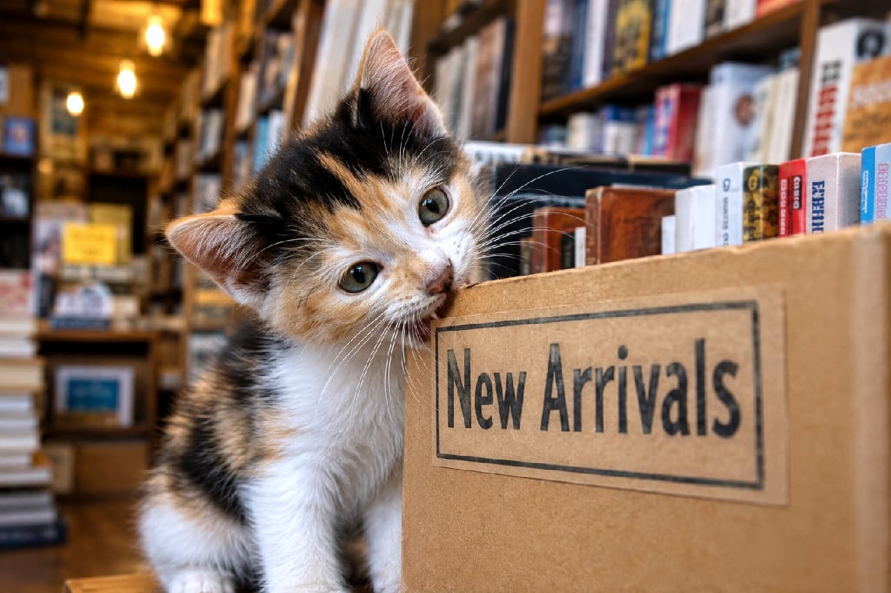 「「新しい本が気になりすぎて、箱ごと味見!?😋 「New Arrivals」に一番乗りしたやんちゃな三毛猫ちゃんがたまりませんね✨ #三毛子猫 #書店 #にゃんすたぐらむ #猫好きさんと繋がりたい #猫のいる暮らし」Ultra-realistic high-quality photograph of a playful calico kitten biting the edge of a cardboard box labeled "New Arrivals" in a warmly lit bookstore with shelves of books beautifully blurred in the background. 暖かな照明に包まれた書店で、「New Arrivals」と印字された茶色いダンボール箱の縁を、小さな歯を立てて一生懸命にかじっている三毛猫の子猫。黒・茶・白の鮮やかなキャリコ模様の被毛と、真剣そのものの表情が愛らしく、背景のぼやけた本棚が奥行きのある温かい空間を演出