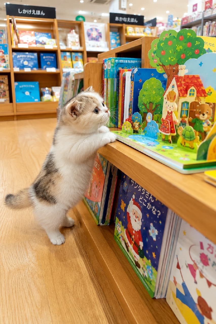 「絵本の中にお邪魔しまーす🏠🐾 動物さんたちとお友達になりたい三毛猫ちゃんの、真剣な横顔に癒やされますね✨ #マンチカン #書店 #にゃんすたぐらむ #猫好きさんと繋がりたい #猫のいる暮らし」Ultra-realistic high-quality photograph of an adorable calico Munchkin kitten placing its paws on a bookshelf to peek at a colorful pop-up picture book featuring cute animals and a house in a well-lit bookstore. 明るい書店の絵本棚で、動物たちの家が立体的に飛び出す仕掛け絵本に前足をちょこんと乗せ、興味津々に見つめる小さな三毛(キャリコ)のマンチカン子猫。パステル調の黒・茶・白の柔らかな被毛とクリクリの大きな瞳が、カラフルな絵本の世界観と見事にマッチしています