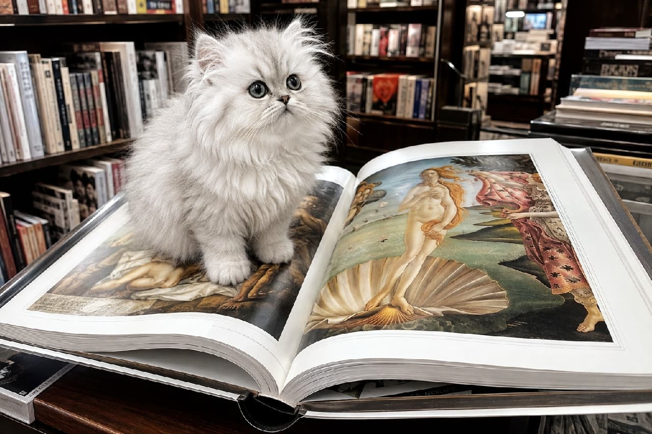 「芸術の秋を満喫中!?🖼️ ふわふわな毛並みと名画のコラボレーションがたまらなく優雅で美しいですね🐈✨ #ペルシャ子猫 #書店 #にゃんすたぐらむ #猫好きさんと繋がりたい #猫のいる暮らし」Ultra-realistic high-quality photograph of a fluffy white Chinchilla Persian kitten sitting gracefully on an open art book featuring "The Birth of Venus" in a sophisticated, dimly lit bookstore. クラシックな書店の平台で、開かれた美術書(ボッティチェリのヴィーナスの誕生)の上に座る、長毛で純白に近いシルバーのチンチラペルシャ風の子猫。ふわふわの被毛と神秘的なブルーグリーンの瞳が、背景の重厚な本棚やスポットライトの光と相まって、極上の芸術作品のような気品を放っています