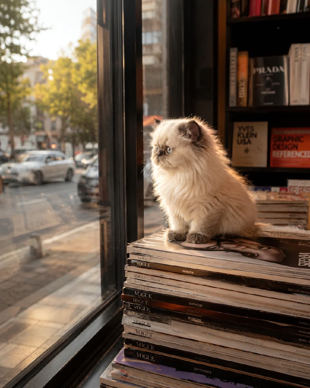 「夕暮れの街角、何を思っているのかな?🌇 雑誌のタワーにちょこんと座る姿が、まるで映画のワンシーンのようにドラマチックですね🎬✨ #ヒマラヤン #書店 #にゃんすたぐらむ #猫好きさんと繋がりたい #猫のいる暮らし」Ultra-realistic high-quality photograph of a fluffy Himalayan kitten with seal points sitting on a tall stack of fashion magazines, looking out a large window at a city street bathed in the golden hour sunset light. VOGUEなどのファッション誌が高く積まれた山の上に座り、窓の外の夕暮れの街並みを物憂げに見つめるヒマラヤンの子猫。豊かな長毛のクリーム色のボディと、顔や耳のダークなシールポイントのコントラストが美しく、ガラス越しに差し込むゴールデンアワーの光が、被毛のエッジを黄金色に輝かせています