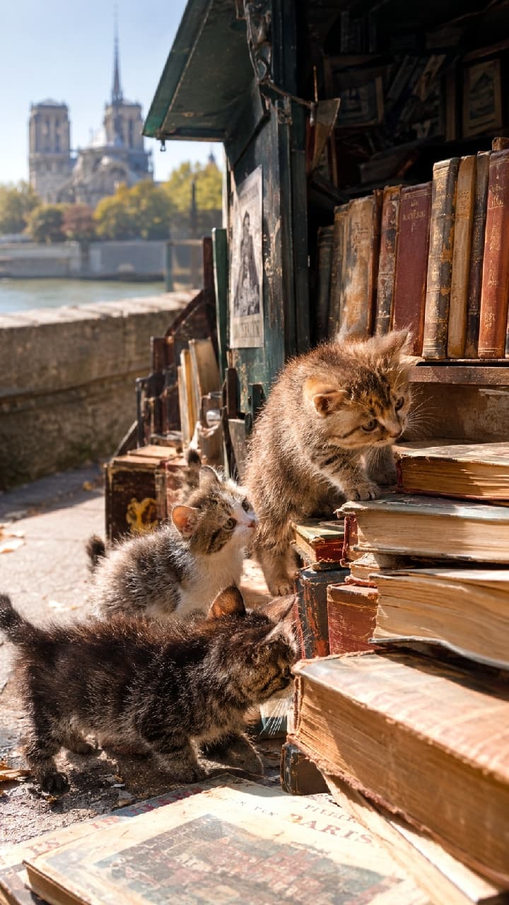 「古い本はアスレチック!?📚 パリの風を感じながら、好奇心旺盛に遊ぶ子猫たち🐈 お気に入りの一冊は見つかるかな?✨ #野良子猫 #書店 #にゃんすたぐらむ #癒しの時間 #猫好きさんと繋がりたい #猫のいる暮らし」Ultra-realistic high-quality photograph of three fluffy kittens climbing on a stack of antique books at a riverside bookstall, bathed in warm sunlight, with the silhouette of Notre-Dame Cathedral softly blurred in the background. パリの川沿いの古書店で、積み上げられたアンティークな洋書に興味津々でよじ登る3匹の子猫。サビ猫、キジ白などのふかふかの被毛が暖かな日差しに照らされ、背景にはノートルダム大聖堂がぼんやりと美しくボケて写り込んでいます