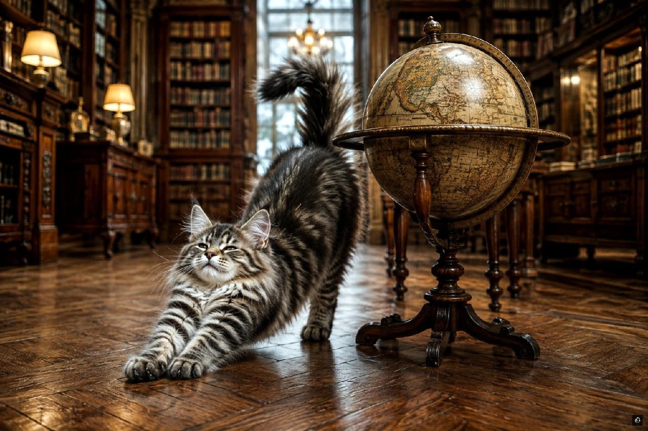 「世界中を旅する前にまずはしっかりストレッチだにゃ!🐈🗺️ 立派なしっぽと気持ちよさそうなお顔が最高です✨ #メインクーン #書店 #にゃんすたぐらむ #猫好きさんと繋がりたい #猫のいる暮らし」Ultra-realistic high-quality photograph of a majestic brown tabby Maine Coon kitten stretching deeply on a hardwood floor next to an antique globe in a luxurious, classic library with warm lighting. 重厚な本棚と美しいシャンデリアがある壮麗な図書館のフローリングで、アンティークな地球儀の隣で気持ちよさそうに「ダウンドッグ」の伸びをするメインクーンのブラウンタビーの子猫。ふさふさの長い尻尾や耳先のリンクスティップ、堂々とした風格が、格調高い空間の雰囲気と完璧に調和しています