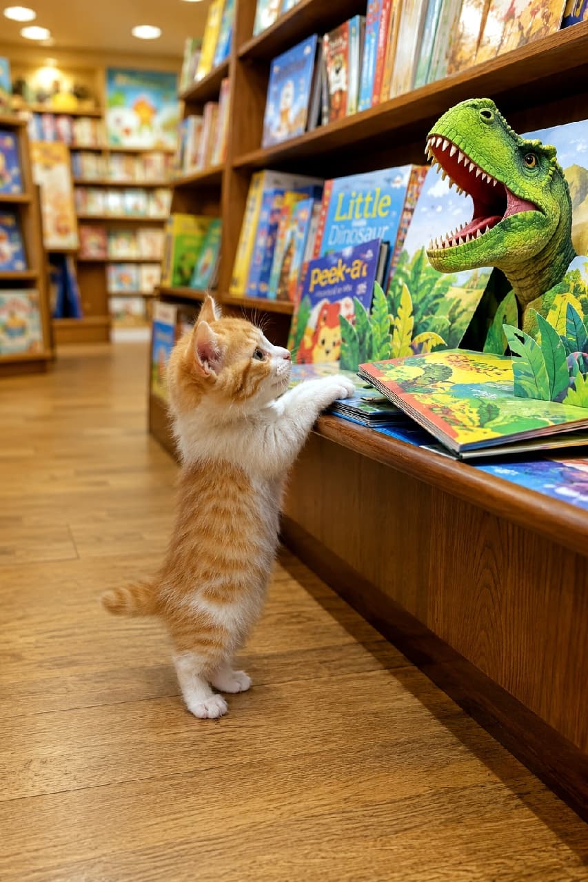 「「がおーっ!」って聞こえてきそうにゃ🦖💥 恐竜さんとご対面してビックリ顔の茶白ちゃん、好奇心いっぱいでたまらないですね🐾 #マンチカン #書店 #にゃんすたぐらむ #猫好きさんと繋がりたい #猫のいる暮らし」Ultra-realistic high-quality photograph of a curious orange and white Munchkin kitten standing on its hind legs, with its paws on a pop-up book, looking up in wonder at a large green paper dinosaur in a brightly lit bookstore. 児童書コーナーで、開かれた恐竜の飛び出す絵本に前足をかけ、大きな緑色の恐竜を驚いたような丸い瞳で見上げる茶トラ白の小さなマンチカン子猫。ふわふわの明るい茶色と白の被毛が温かみのある書店の照明に照らされ、好奇心旺盛で愛らしい情景を描き出しています