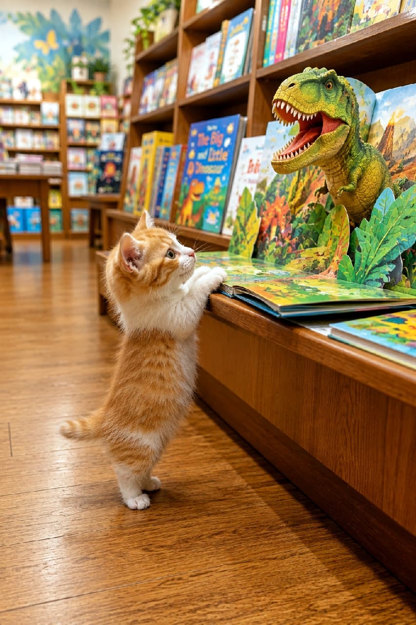 「大きな恐竜さんにご挨拶!🦕💥 絵本の世界に夢中な茶白ちゃんの好奇心旺盛な後ろ姿に、思わず笑顔になっちゃいますね🐾 #マンチカン #書店 #にゃんすたぐらむ #猫好きさんと繋がりたい #猫のいる暮らし」Ultra-realistic high-quality photograph of a curious orange and white Munchkin kitten standing on its hind legs to inspect a large T-Rex in a pop-up book on a wooden display shelf in a brightly lit bookstore. 児童書コーナーで、飛び出す絵本の巨大なTレックスに前足をかけて見上げる小さな茶トラ白のマンチカン子猫。明るい茶色と白のフワフワな被毛、丸く大きな瞳で好奇心いっぱいに恐竜を見つめる愛らしい姿が、店内の温かい照明に照らし出されています