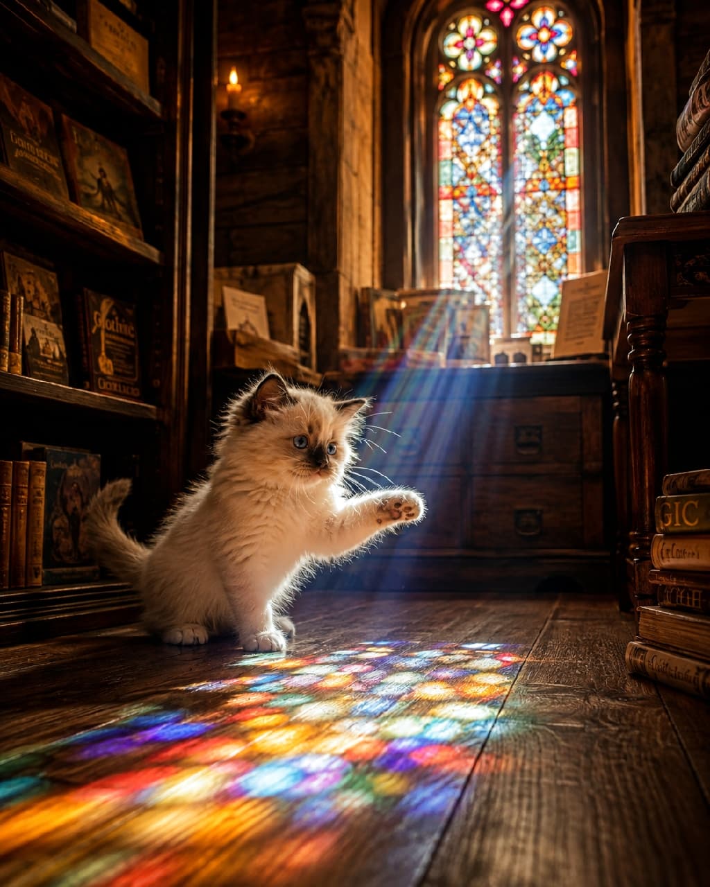 「七色の光を捕まえられるかな?🌈✨ ステンドグラスの魔法にかかったような、幻想的で美しい一枚🐈 #ラグドール #書店 #にゃんすたぐらむ #猫好きさんと繋がりたい #猫のいる暮らし」Ultra-realistic high-quality photograph of a fluffy Ragdoll kitten reaching out to play with colorful light patterns cast on a wooden floor by a beautiful stained glass window in a classical, dimly lit library. クラシカルな書斎の床に落ちた、ステンドグラス越しの色鮮やかな光の模様に向かって前足を伸ばすラグドールの子猫。神秘的なブルーの瞳とふわふわの白い被毛が、赤や青、黄色の神々しい光の筋に美しく照らされ、息を呑むほど幻想的な瞬間を捉えています