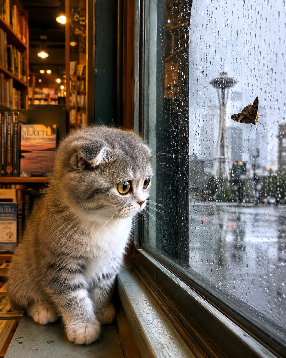 「雨の日は本屋さんの窓辺が特等席だにゃ📖🐾 外の景色に夢中な後ろ姿に思わずほっこりしちゃいますね✨ #スコティッシュフォールド #書店 #にゃんすたぐらむ #猫好きさんと繋がりたい #猫のいる暮らし」Ultra-realistic high-quality photograph of a silver tabby Scottish Fold kitten sitting by a bookstore window, gazing curiously at a moth on the wet glass and the rainy Seattle Space Needle in the background. 書店の窓辺でお座りし、雨に濡れたガラスと外の景色をじっと見つめるシルバータビーのスコティッシュフォールドの子猫。特徴的な折れ耳と丸く大きな琥珀色の瞳が愛らしく、窓ガラスに止まった蛾と遠くに霞むシアトルのスペースニードルが、しっとりとした哀愁漂う物語を感じさせます