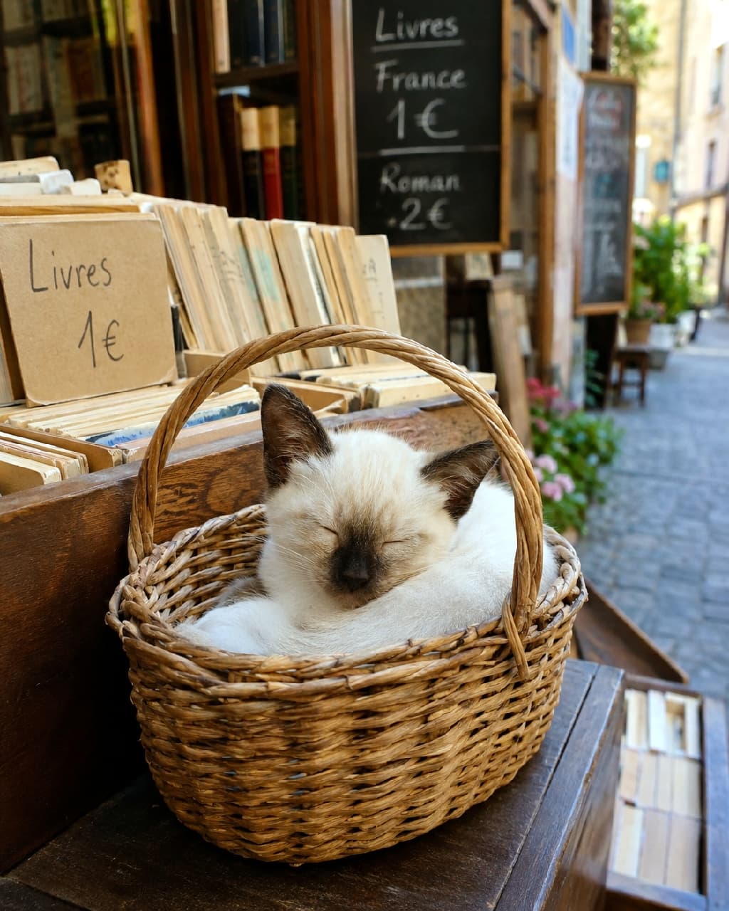 「カゴの中が一番落ち着くにゃん💤 ヨーロッパの古本市でお昼寝中の姿に、心がポカポカ癒やされますね☀️📖 #シャム子猫 #書店 #にゃんすたぐらむ #猫好きさんと繋がりたい #猫のいる暮らし」Ultra-realistic high-quality photograph of an adorable Siamese-mix kitten sleeping peacefully curled up inside a woven basket on a display of vintage books at a sunlit European outdoor flea market. ヨーロッパの趣ある石畳の路地にある古書の屋台で、編みカゴの中にすっぽり収まってスヤスヤと眠るシャム猫(カラーポイント)風の子猫。顔や耳のダークブラウンと体のクリーム色のグラデーションが美しく、手書きのフランス語の値札と陽だまりの暖かさが、のどかな蚤の市の空気を伝えています