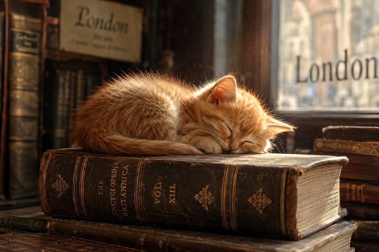 「難しい本は最高のベッドにゃ🐈💤 窓辺のぽかぽか陽気でお昼寝中の茶トラちゃん。一緒にのんびりしませんか?☕️ #茶トラ #書店 #にゃんすたぐらむ #癒しの時間 #猫好きさんと繋がりたい #猫のいる暮らし」Ultra-realistic high-quality photograph of a fluffy orange tabby kitten sleeping curled up on an antique encyclopedia, bathed in warm natural light from a window in a nostalgic bookstore. アンティークな洋書「ブリタニカ百科事典」の上で丸くなって眠る茶トラの子猫。ふわふわの被毛に窓辺からの暖かな自然光が差し込み、穏やかな寝顔とほのかに舞う埃の粒子が、ノスタルジックな古書店の雰囲気を演出