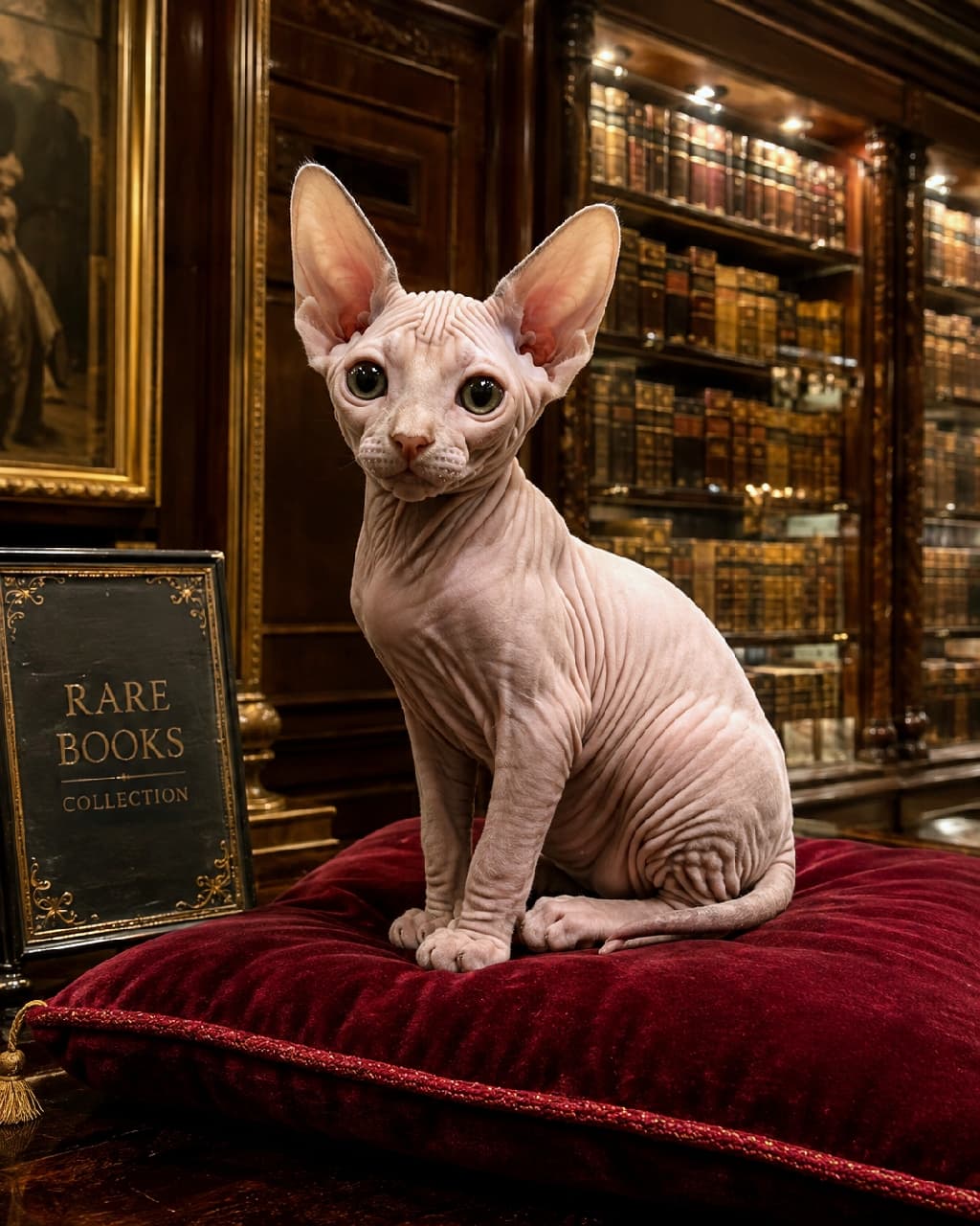 「古書の番人は、ミステリアスで高貴なスフィンクスちゃん📚✨ まるでファンタジーの世界に迷い込んだみたいですね🐈 #スフィンクス #書店 #にゃんすたぐらむ #猫好きさんと繋がりたい #猫のいる暮らし」Ultra-realistic high-quality photograph of an elegant Sphynx cat sitting on a plush red velvet cushion in a classic library with rich mahogany bookshelves filled with rare antique books, exhibiting a mysterious and regal aura. 重厚なマホガニー調の本棚が並ぶクラシックな図書室で、赤いベルベットのクッションの上に気高く座るスフィンクス猫。毛のない滑らかなピンクがかった肌の質感、大きな耳と魅惑的なオリーブグリーンの瞳が、アンティークな稀覯本の空間に神秘的なオーラを放っています