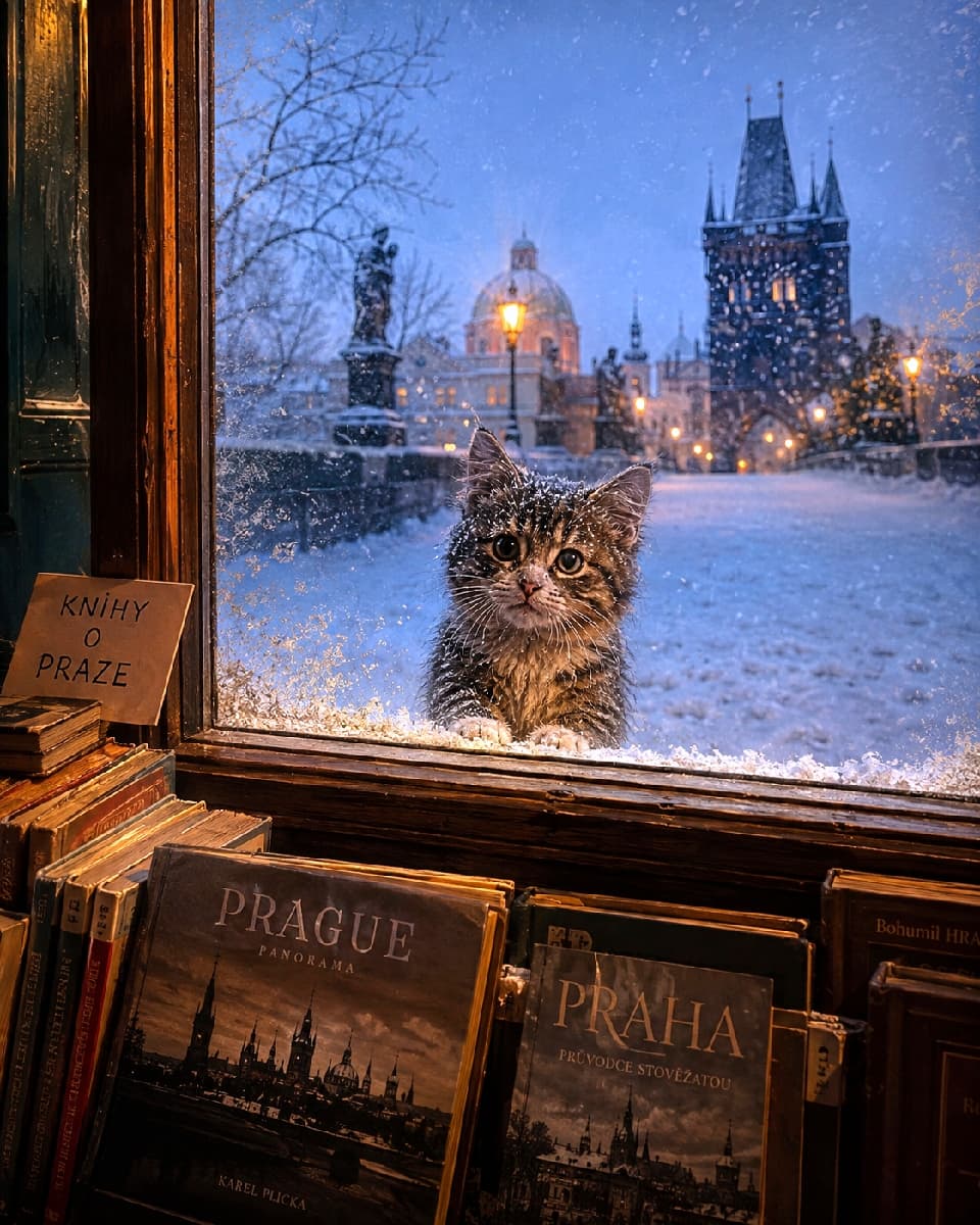 「外は雪…温かい店内に入りたいにゃん❄️ ガラス越しの切なげな瞳に、心がギュッと締め付けられます🥺💕 #野良子猫 #書店 #にゃんすたぐらむ #猫好きさんと繋がりたい #猫のいる暮らし」A cinematic, photorealistic photograph taken from inside a warm, glowing Prague bookstore looking out. Through the slightly frosty window glass, a fluffy stray kitten is looking longingly inside while snow gently falls in the evening. Emotional, highly detailed lighting, sharp focus on the kitten's eyes, contrasting the warmth of the inside with the cold outside. 暖かく光り輝くプラハの書店の内側から撮影された、シネマティックで写実的な写真。夕方に雪が静かに降る中、少し霜の降りた窓ガラス越しに、ふわふわの野良子猫が店内を切なそうに見つめている。猫の瞳には鋭いピントが合い、感情を揺さぶる詳細な照明が、猫の心情と外の寒さを対比させている