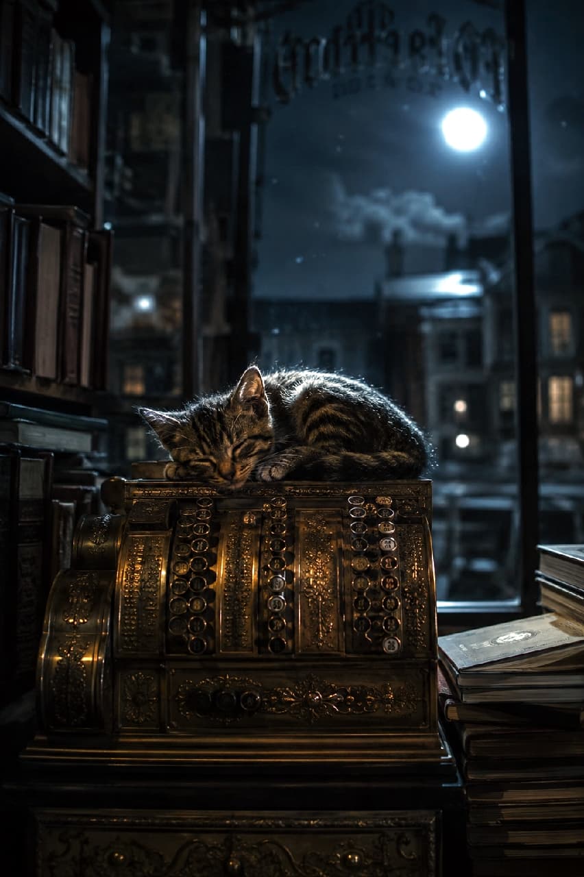 「月明かりに照らされてスヤスヤ💤 アンティークなレジの上で、どんな素敵な夢を見ているのかな?🌕✨ #子猫 #書店 #にゃんすたぐらむ #猫好きさんと繋がりたい #猫のいる暮らし」Ultra-realistic high-quality photograph of a tabby kitten sleeping peacefully on a vintage brass cash register in a dimly lit antique bookstore, illuminated by the bright full moon visible through the window. 月明かりが差し込む夜の古書店で、重厚な真鍮製のアンティークレジスターの上で丸くなって眠るキジトラの子猫。窓の外には満月が輝き、静かな夜の街並みがぼんやりと浮かび上がる、神秘寂的でノスタルジックな情景
