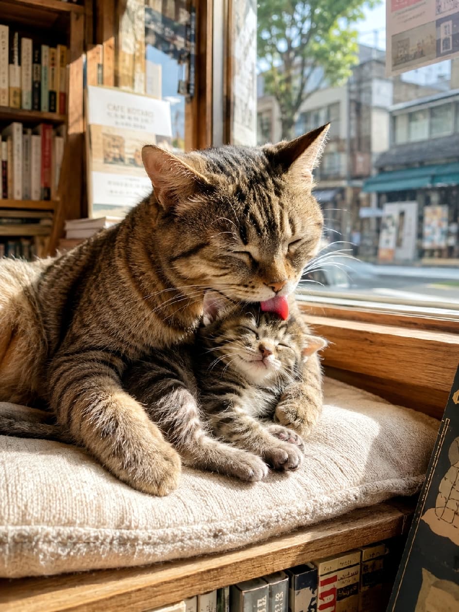 「ポカポカの窓辺でママからの優しい毛づくろいタイム🐈💕 見ているだけで幸せのおすそ分けをもらえますね☀️ #親子猫 #書店 #にゃんすたぐらむ #猫好きさんと繋がりたい #猫のいる暮らし」Ultra-realistic high-quality photograph of a loving tabby mother cat grooming her kitten, who is resting with closed eyes, on a cushion by a sunlit bookstore window overlooking a bright street. 暖かな陽射しが降り注ぐ書店の窓辺で、クッションの上に寄り添うキジトラ猫の親子。親猫が愛おしそうに子猫の頭を舐めて毛づくろいをしており、目を閉じて身を任せる子猫の至福の表情が、穏やかで平和な昼下がりを描き出しています