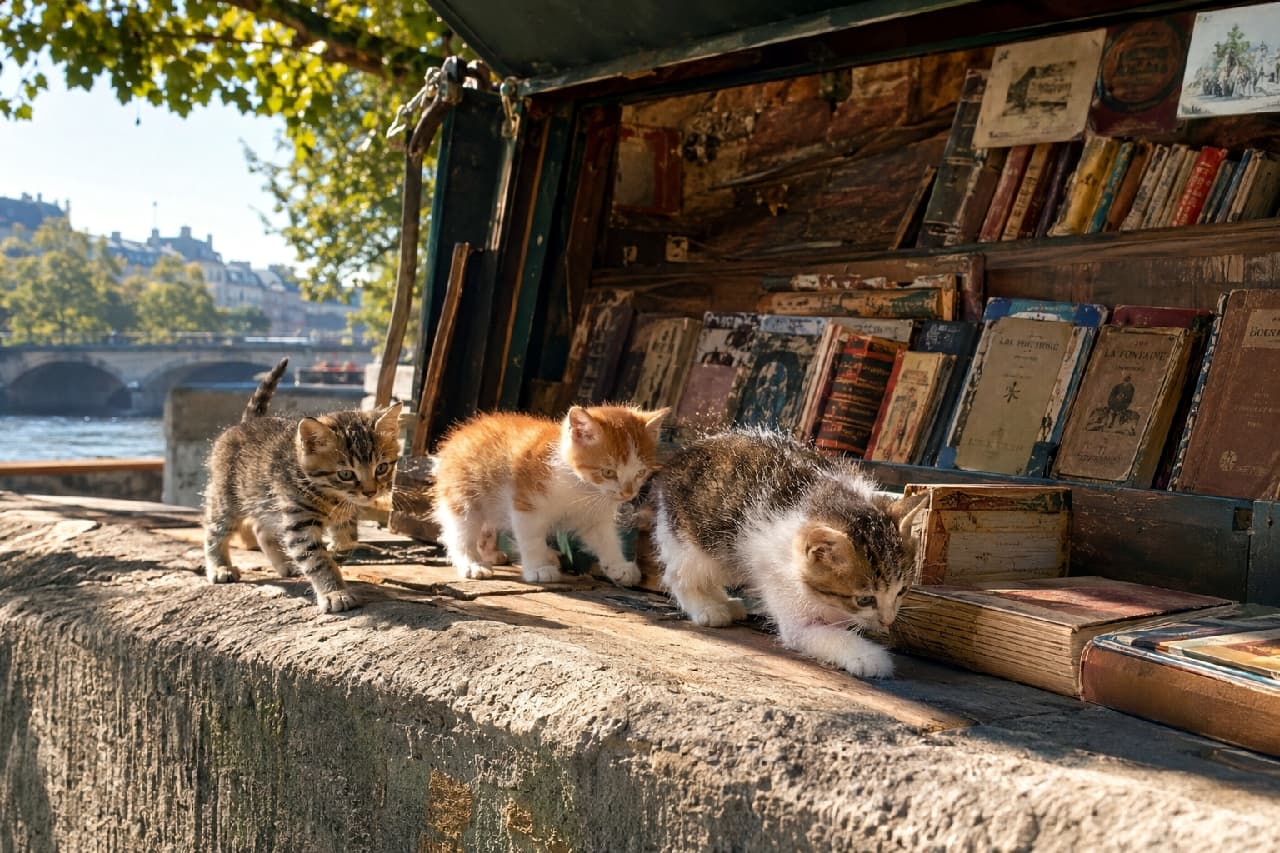 「パリの川沿いでお散歩中🐾 古書の香りに誘われて、子猫たちの探検隊が出発です!どの子も個性的でたまらないですね🥖🐈 #野良子猫 #書店 #にゃんすたぐらむ #癒しの時間 #猫好きさんと繋がりたい #猫のいる暮らし」Ultra-realistic high-quality photograph of three adorable kittens (tabby, orange and white, tabby and white) walking playfully along a stone wall at a vintage riverside bookstall in Paris on a sunny day. パリのセーヌ川沿いにある古本屋(ブキニスト)の石積みの壁の上を歩く3匹の子猫たち。キジトラ、茶白、キジ白の個性豊かな模様の被毛を持ち、陽光を浴びながら古い洋書が並ぶ棚の前を元気いっぱいに探検しています
