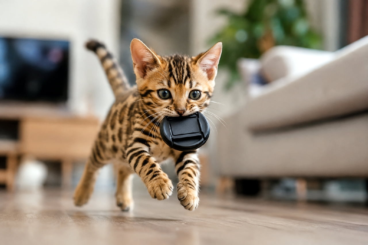 「あーっ！それ大事なやつ！💦 カメラのレンズキャップを奪って逃走中の小さな怪盗さん🐈💨 元気いっぱいの姿に癒されちゃいますね✨ #ベンガル猫 #子猫 #カメラのある生活 #にゃんすたぐらむ #猫好きさんと繋がりたい #猫のいる暮らし」Ultra-realistic high-quality photograph of an adorable Bengal kitten with beautiful brown spotted tabby fur running energetically across a living room floor. The kitten has a large black lens cap in its mouth, with its tail held high and large round eyes, capturing a joyful and dynamic everyday moment. 美しいヒョウ柄のブラウンスポッテッドタビーを持つベンガルの子猫が、自分のお顔と同じくらい大きな黒いレンズキャップを口にくわえて、リビングルームのフローリングを勢いよく走っている情景。ピンと立てた尻尾とまん丸の瞳、躍動感あふれる姿が日常の幸せを切り取った一枚