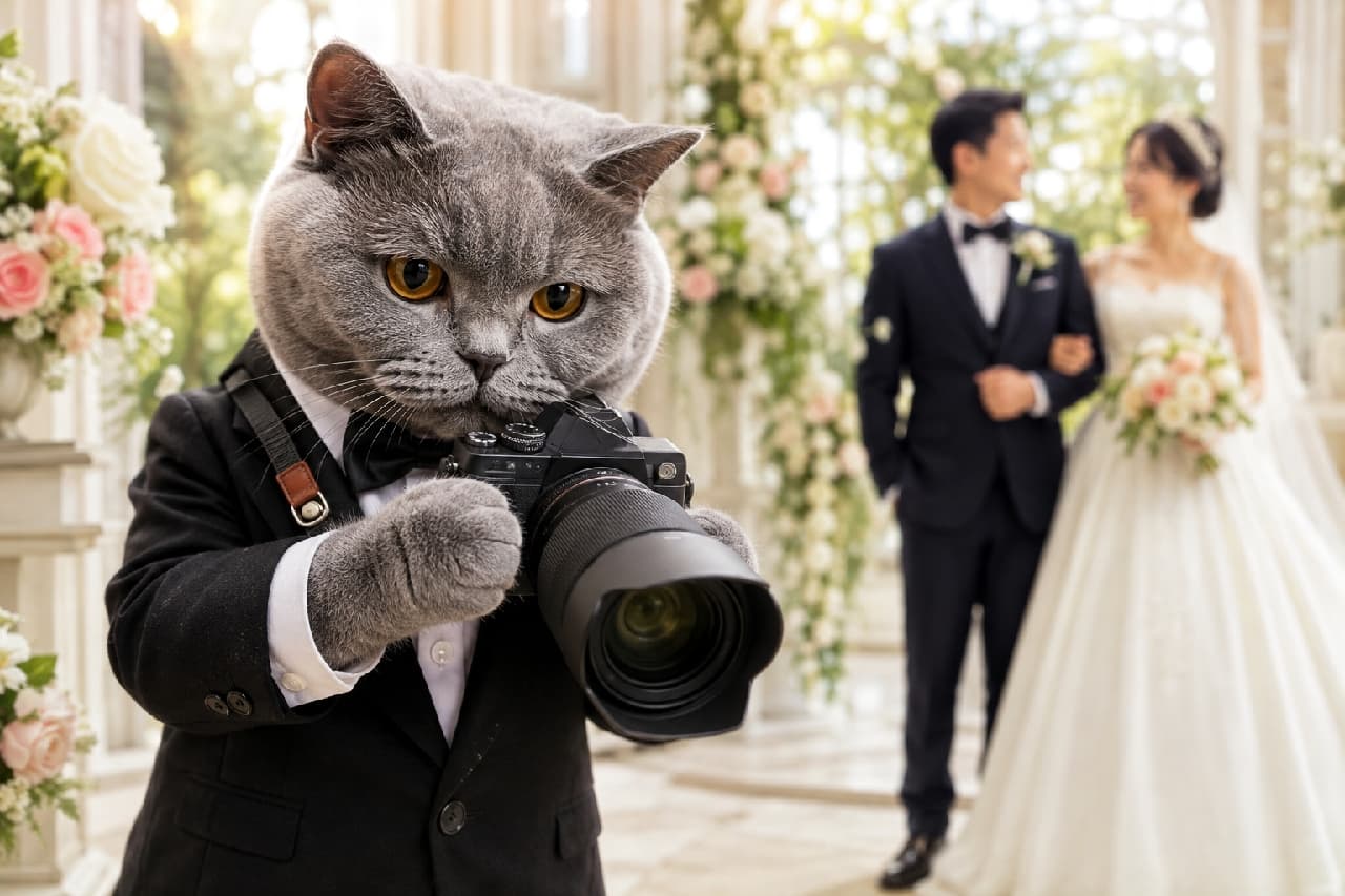 「お二人の最高の笑顔、いただきニャす！💍✨ タキシード姿の専属カメラマンが、一生の思い出を美しく切り取ります📸💒 #ブリティッシュショートヘア #ウェディングフォト #猫カメラマン #にゃんすたぐらむ #猫好きさんと繋がりたい #猫のいる暮らし」Ultra-realistic high-quality photograph of a blue British Shorthair cat wearing a sharp black tuxedo and bow tie, acting as a professional wedding photographer. The cat holds a camera intently with its vivid copper-orange eyes. In the softly blurred background, a happy bride and groom smile at each other inside a bright, elegant chapel. ビシッと決まった黒のタキシードと蝶ネクタイを身にまとった、美しいブルーの被毛を持つブリティッシュショートヘアの猫が、プロ仕様のカメラを構えている情景。カッパーオレンジの瞳で真剣にファインダーを覗き込んでおり、背景の明るく神聖なチャペルでは新郎新婦が幸せそうに微笑み合っている、祝福に満ちた心温まる一枚