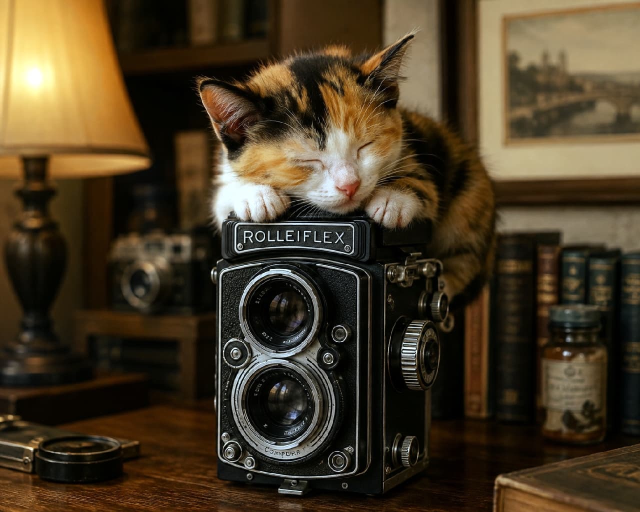 「アンティークカメラをベッドにしちゃう大物感💤 どんな素敵な夢を見ているのかな？🌙🐈 #カメラ #にゃんすたぐらむ #猫好きさんと繋がりたい #子猫のいる暮らし」Ultra-realistic high-quality photograph of a sweet calico kitten sleeping peacefully on top of a vintage Rolleiflex twin-lens reflex camera in a cozy, dimly lit study illuminated by a warm desk lamp. 薄暗く落ち着いたアンティーク調の書斎で、二眼レフカメラ（ローライフレックス）の天面に乗ってすやすやと眠る三毛の子猫。暖色系のデスクランプの光が、黒・茶・白の柔らかな被毛と安らかな寝顔、そして無骨なカメラの質感を優しく照らすノスタルジックな風景