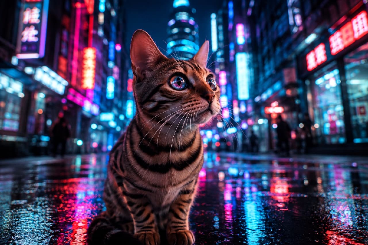 「近未来のネオン街に迷い込んだベンガルちゃん👀✨ 瞳に映る街の明かりがとってもドラマチックで吸い込まれそう🌃🐾 #ベンガル猫 #サイバーパンク #猫のいる風景 #にゃんすたぐらむ #猫好きさんと繋がりたい #猫のいる暮らし」Ultra-realistic high-quality cyberpunk photography of a Bengal cat sitting on a wet night street, looking up with large eyes reflecting vibrant neon city lights, showcasing its stunning leopard rosette coat in a futuristic atmosphere. サイバーパンク風の近未来的なネオン街で、濡れた路面にお座りをして上を見上げるベンガル猫。美しいヒョウ柄の被毛が鮮やかなピンクやブルーの光に妖しく照らされ、大きく見開かれた魅惑的な瞳にはまばゆい街のネオンサインがくっきりと反射しているドラマチックな情景