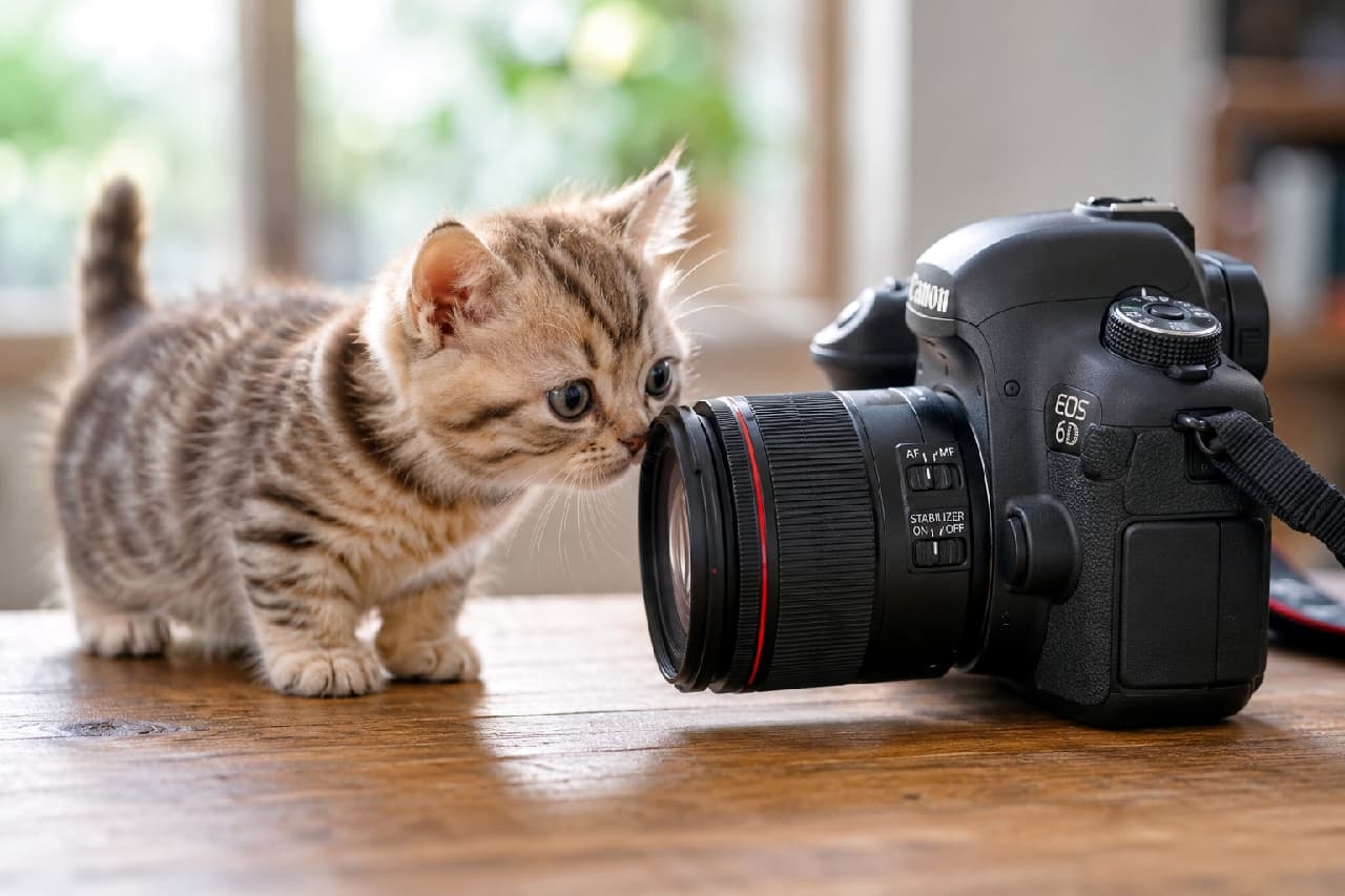 「これは何ニャ？🐾 自分より大きなカメラに興味津々な短いおててが、たまらない愛らしさです🔍✨ #カメラ #にゃんすたぐらむ #猫好きさんと繋がりたい #子猫のいる暮らし」Ultra-realistic high-quality photograph of a tiny, short-legged tabby kitten curiously sniffing the large lens of a DSLR camera on a wooden table, beautifully lit by soft natural light from a window in the background. 木のテーブルの上で、自分より大きな一眼レフカメラのレンズに鼻先を近づけて興味津々に匂いを嗅ぐ、短い足が特徴的なマンチカン風のキジ白子猫。背後の窓からの柔らかな自然光が、子猫のふわふわの毛並みとカメラの硬質な質感を美しく対比させている