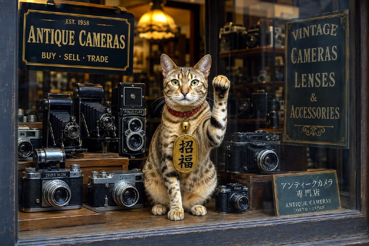 「いらっしゃいませニャ🐾 アンティークカメラ店で幸運を招くリアル招き猫ちゃんがお出迎え！📸🍀 #オシキャット #招き猫 #猫のいる風景 #にゃんすたぐらむ #猫好きさんと繋がりたい #猫のいる暮らし」Ultra-realistic high-quality photograph of a Bengal-style cat wearing a red collar with a golden "Shofuku" charm, striking a beckoning pose in an antique camera shop window filled with vintage cameras, featuring beautiful leopard spots and striking green eyes. クラシックなカメラが並ぶアンティーク調のショーウィンドウで、赤い首輪に大きな「招福」の札を下げ、前足を上げて招き猫のポーズをとるベンガル風の猫。美しい豹柄の被毛とキリッとした緑色の瞳が、レトロな雰囲気の中でひと際目を引く魅力的な一枚